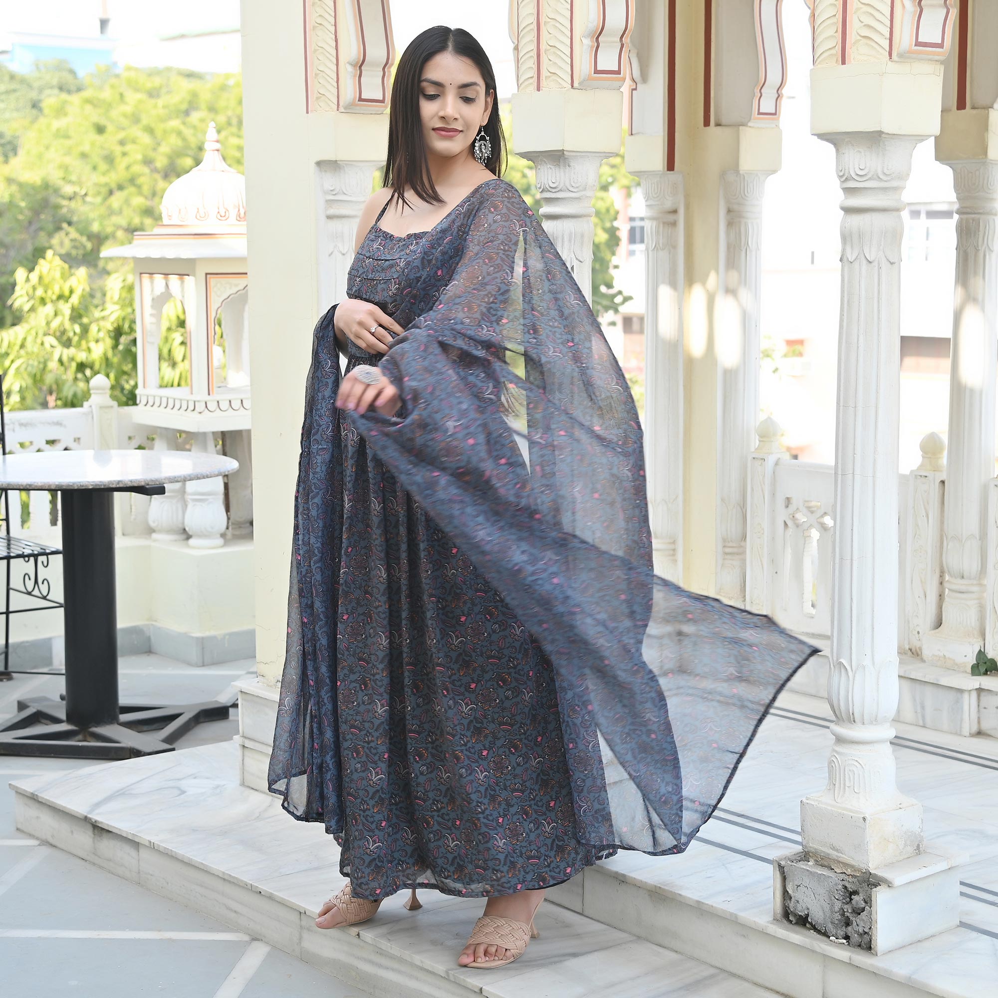 Grey Floral Digital Printed Georgette Gown