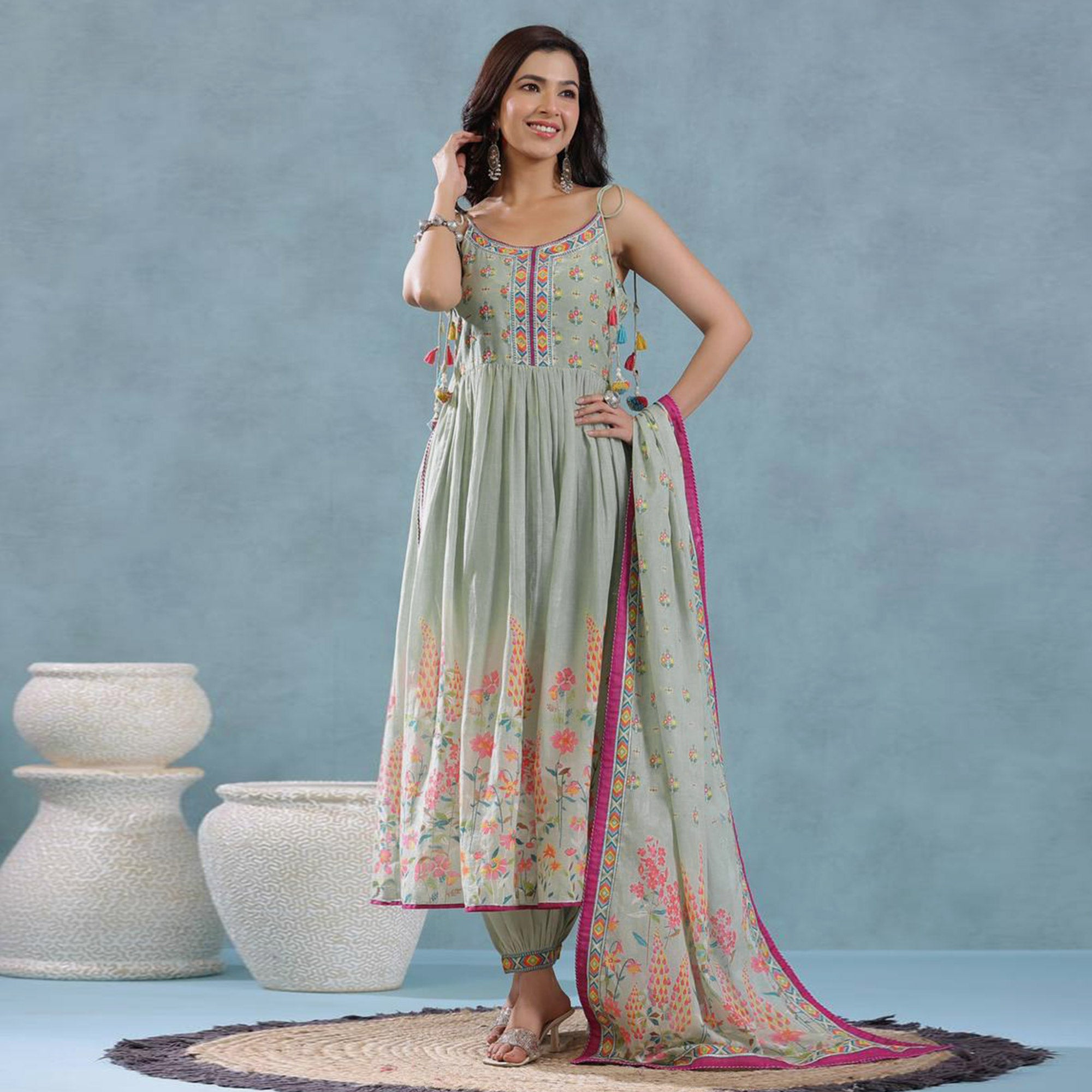 Mint Green Floral Printed Pure Cotton Naira Cut Suit