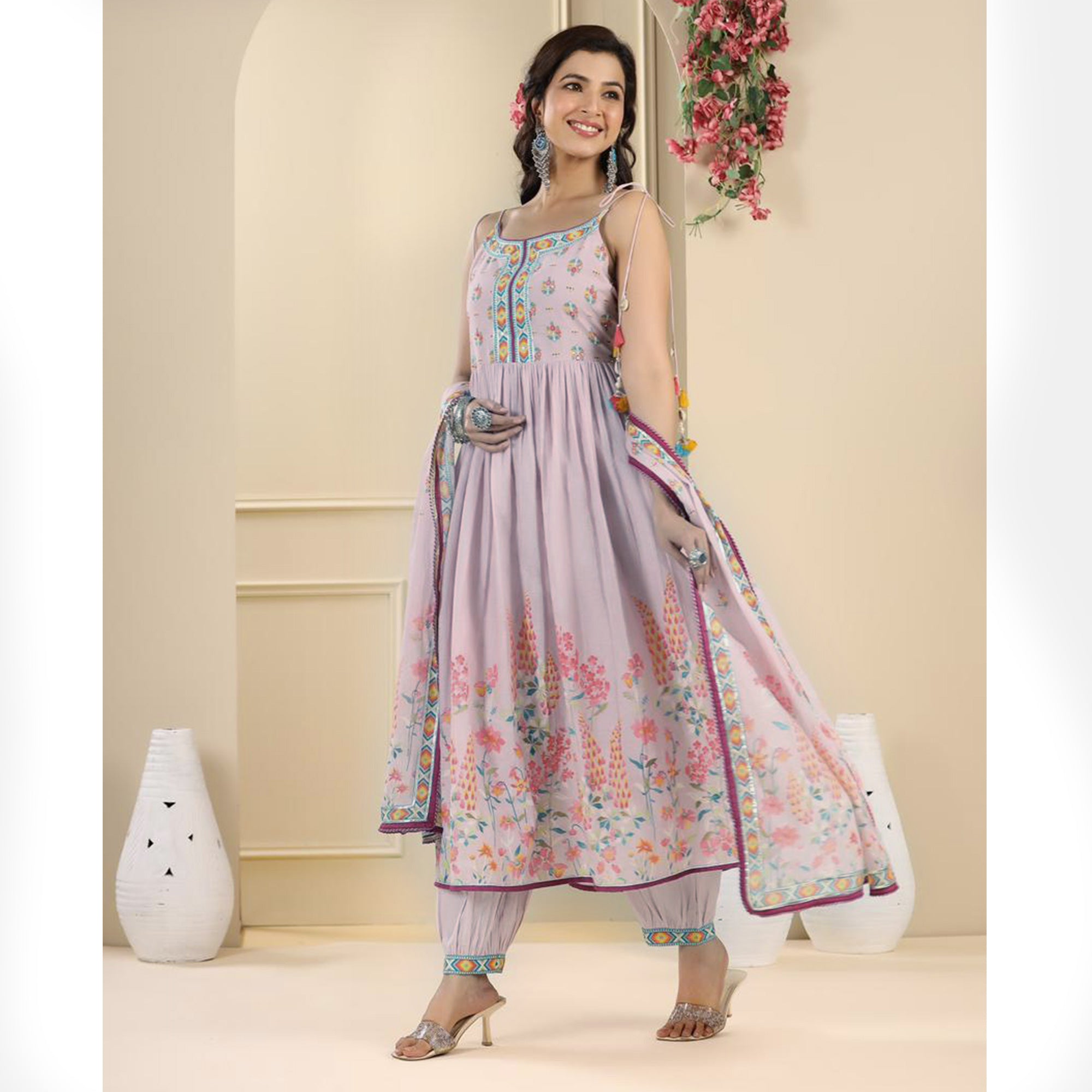 Lavender Floral Printed Pure Cotton Naira Cut Suit