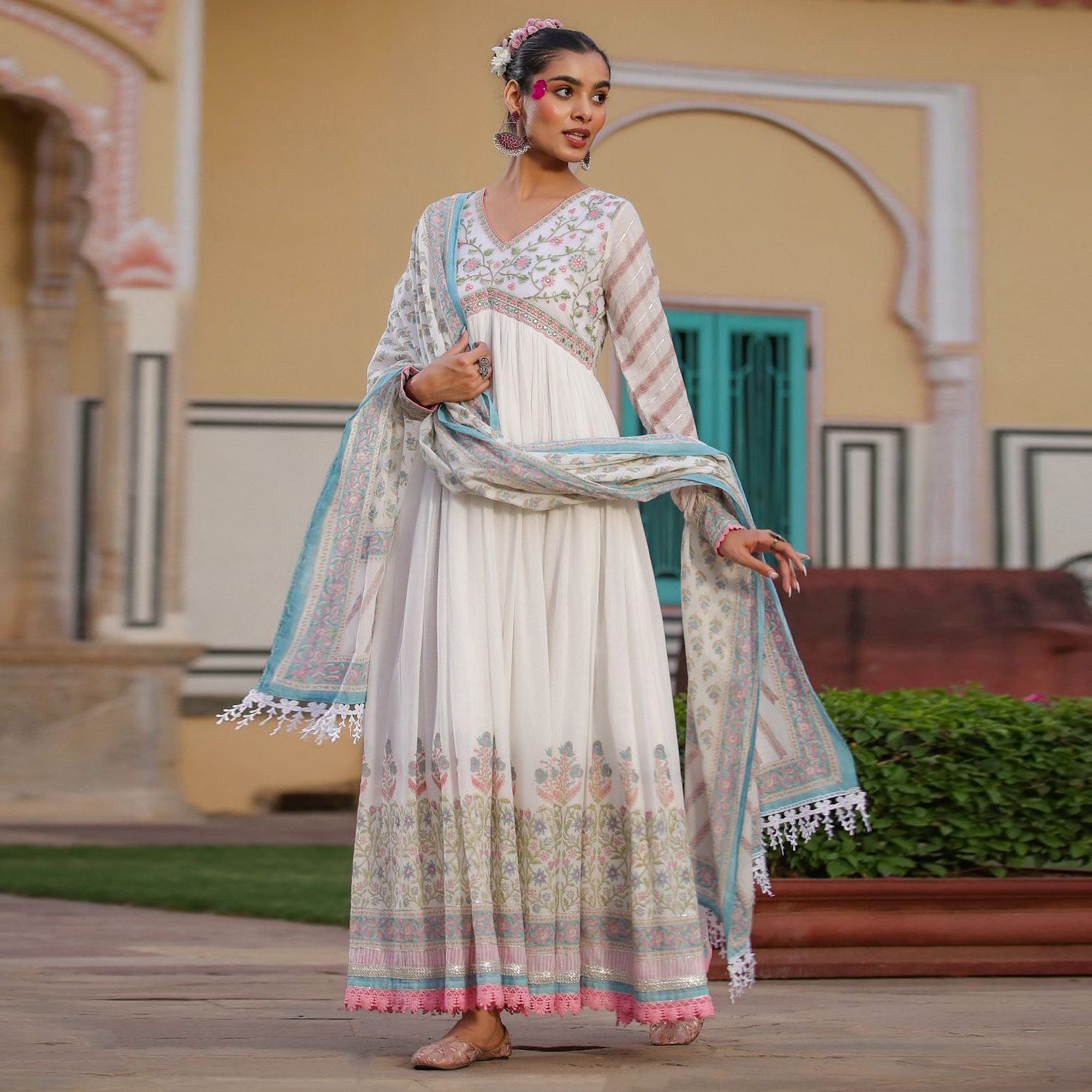 White Peach Floral Printed Pure Cotton Gown With Dupatta