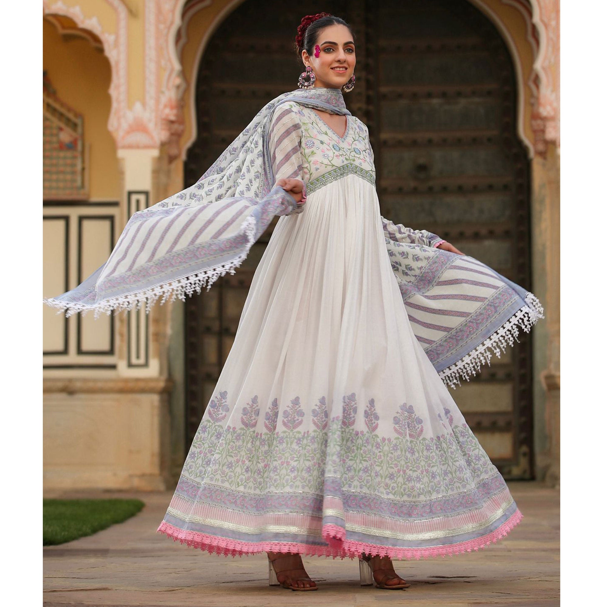 White Violet Floral Printed Pure Cotton Gown With Dupatta