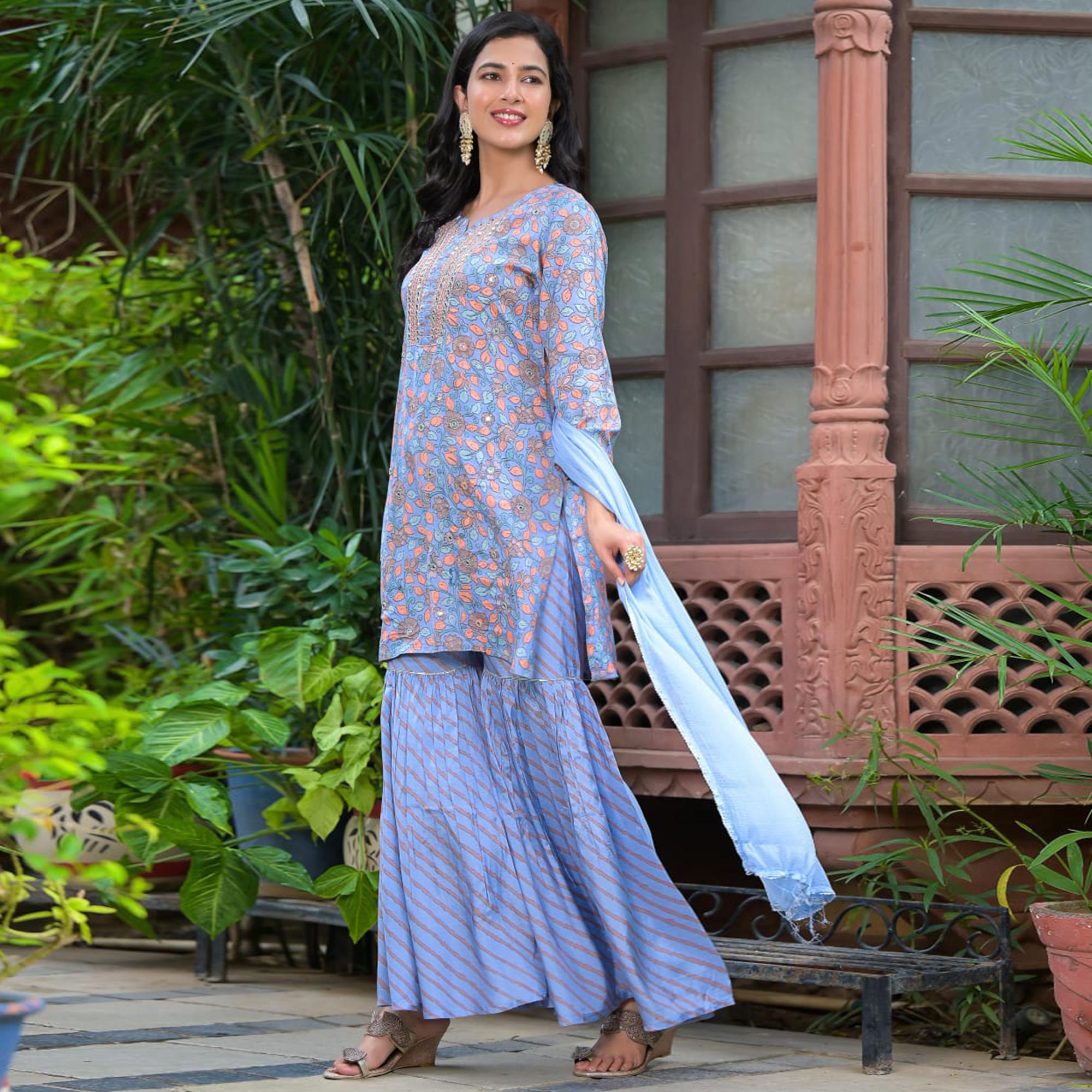 Blue Floral Printed Muslin Sharara Suit