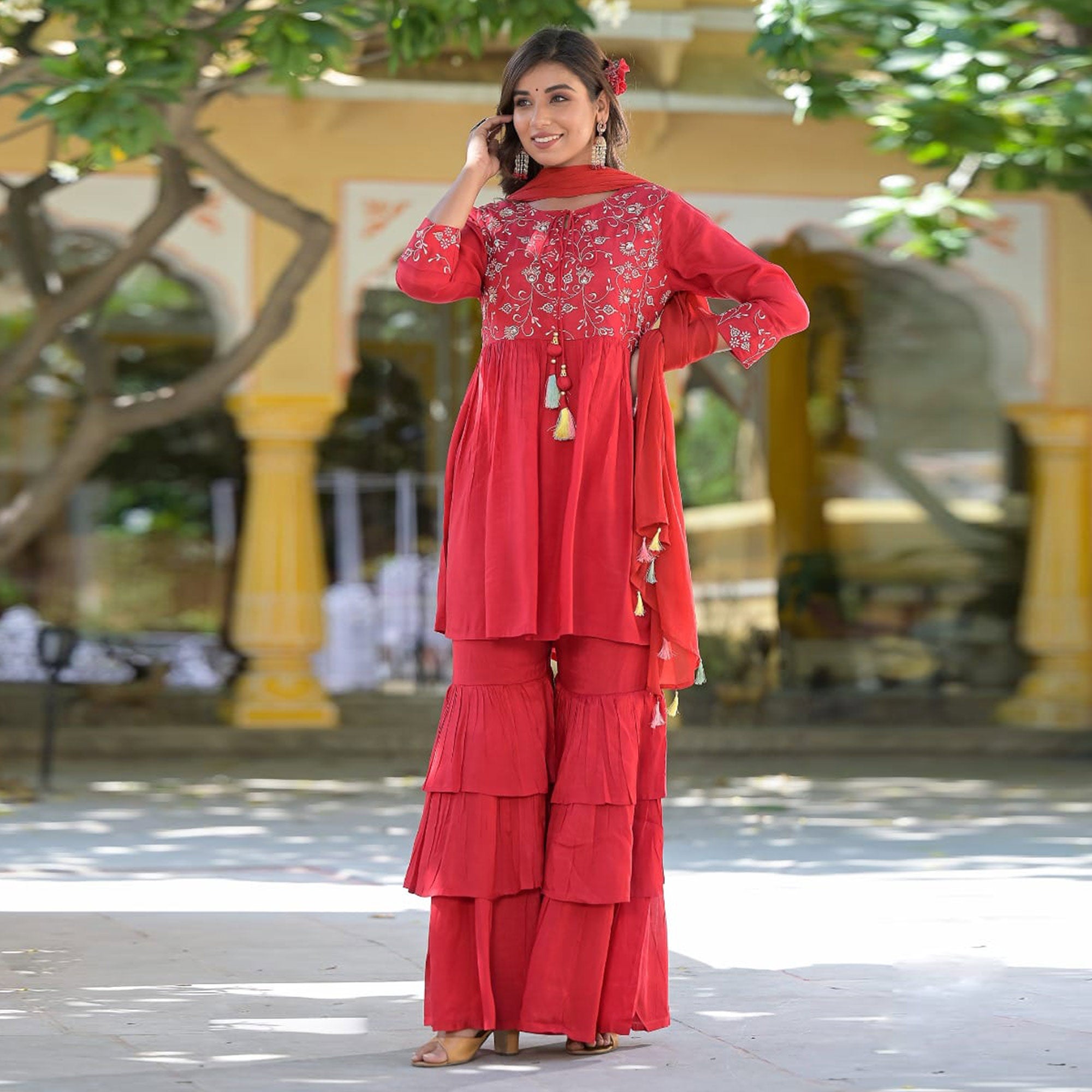 Red Floral Embroidered Muslin Sharara Suit