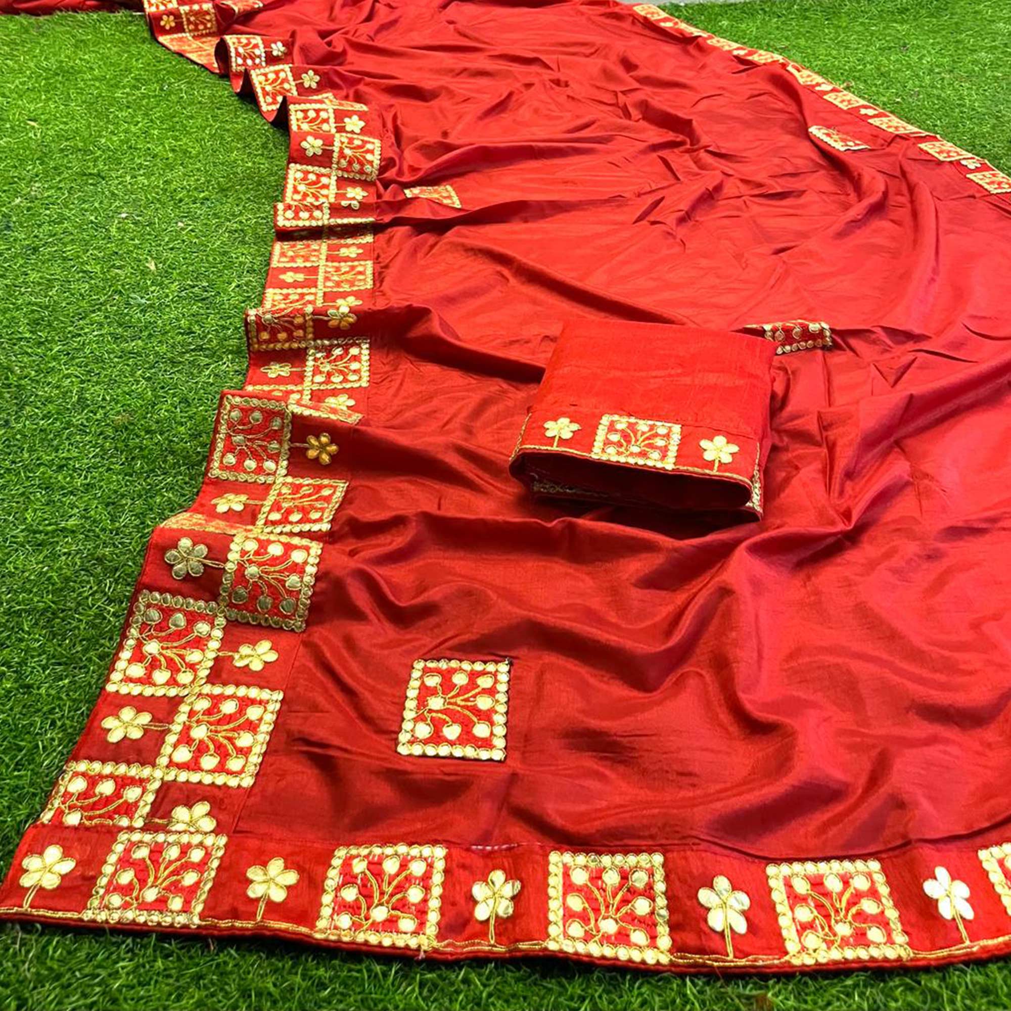 Red Floral Gota Patti Work Dola Silk Saree