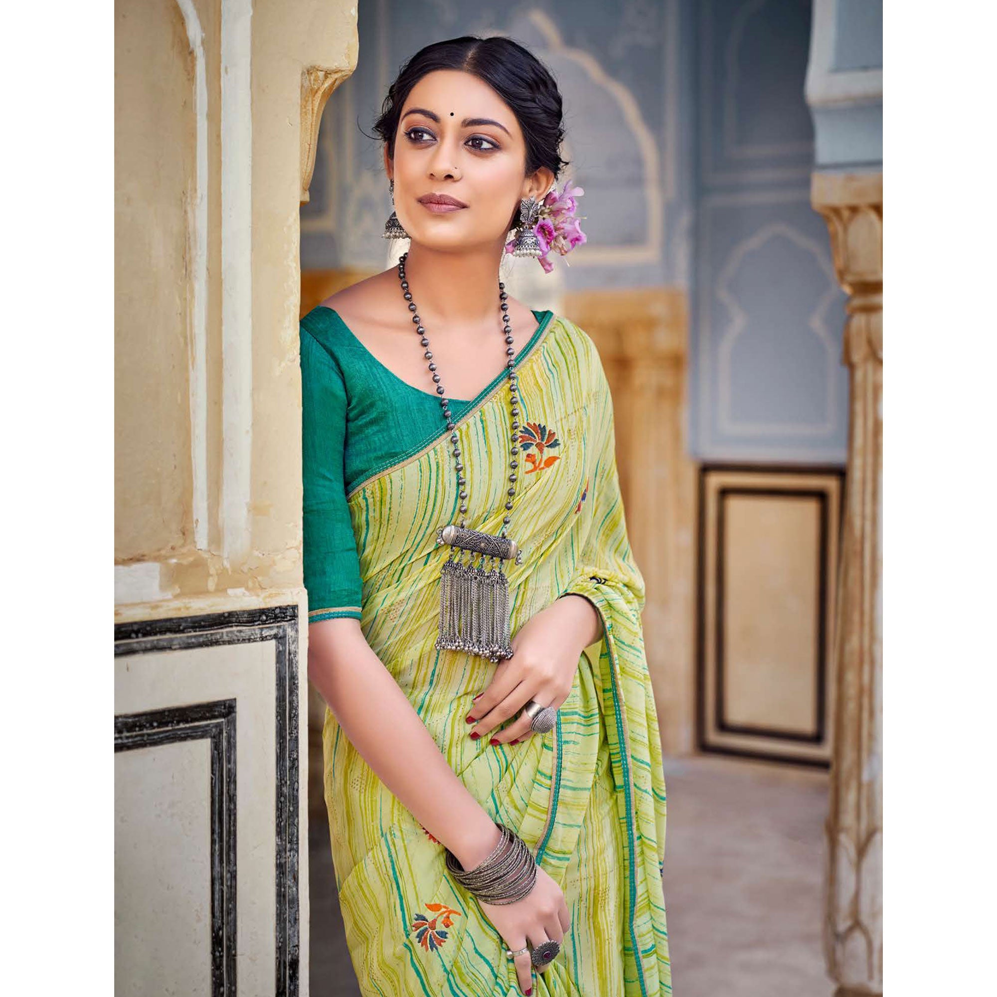 Green Printed Raw Silk Saree With Fancy Border