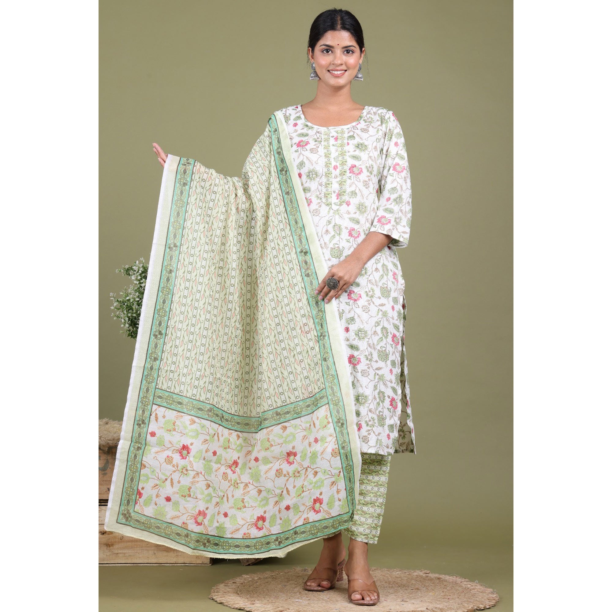 White Floral Foil Printed Rayon Suit