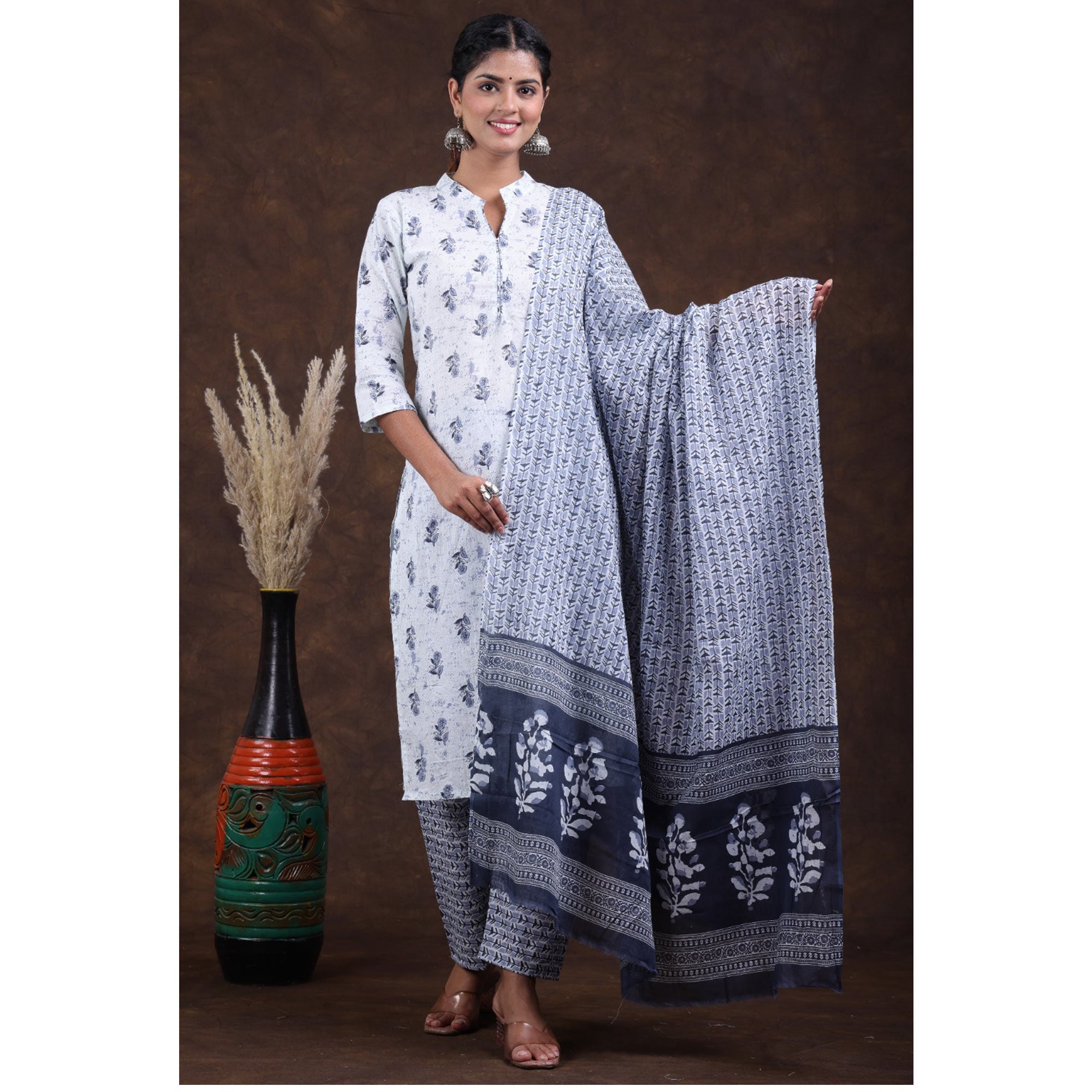 White-Grey Jaipuri Printed Pure Cotton Suit