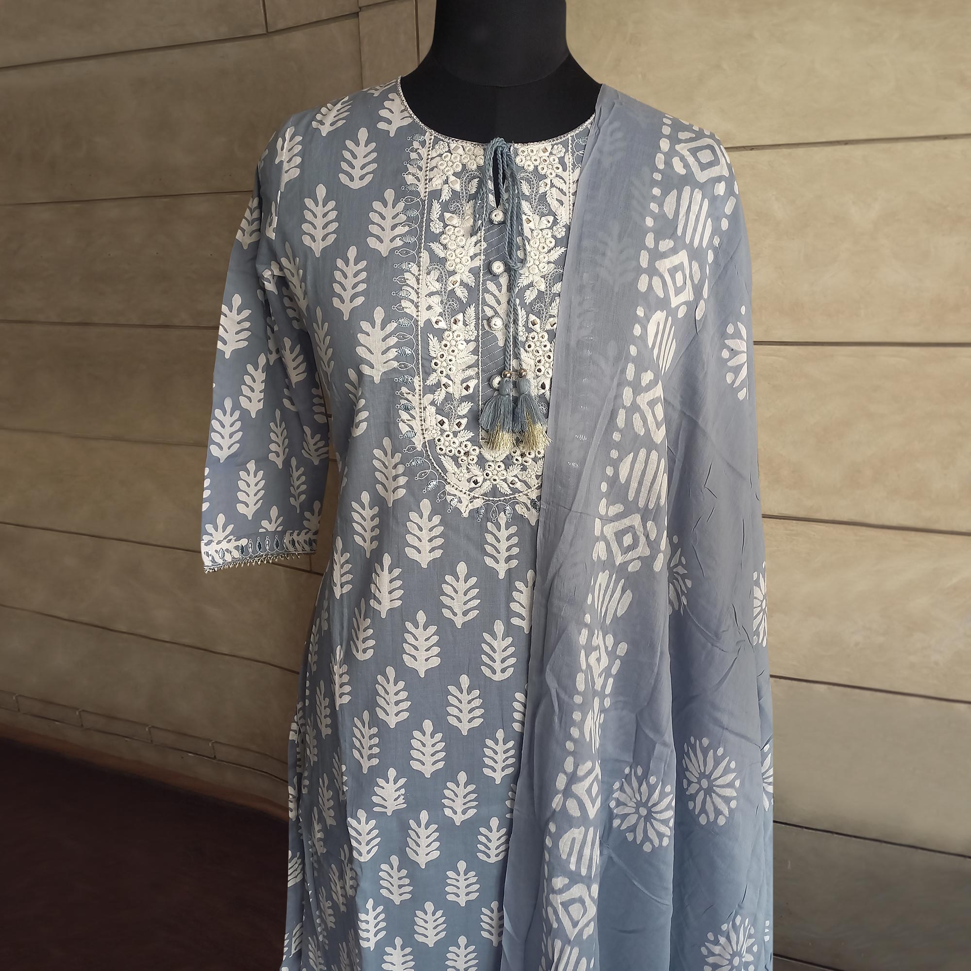 Grey Printed Pure Cotton Kurti Pant Set With Dupatta