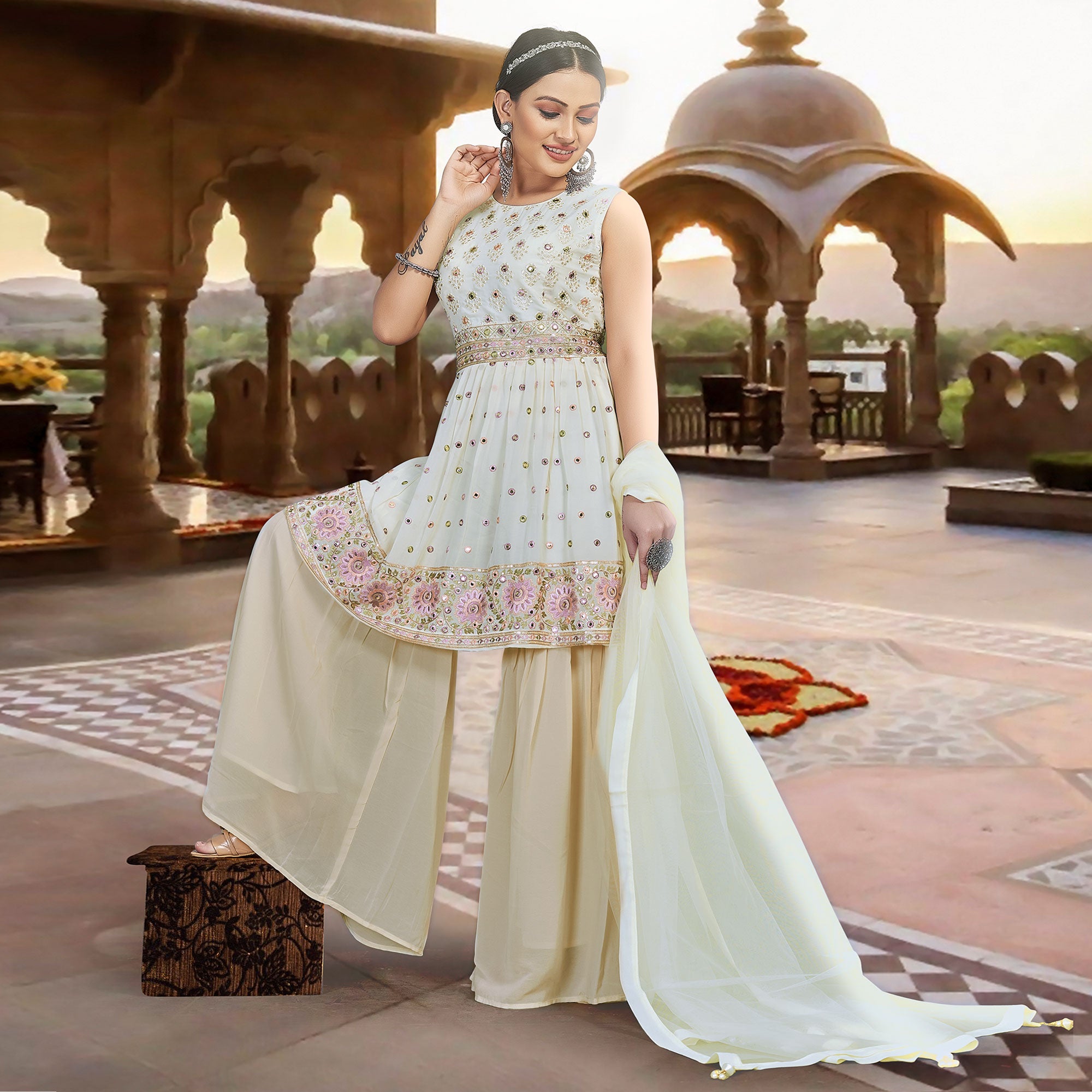 Cream Floral Embroidered Georgette Sharara Suit