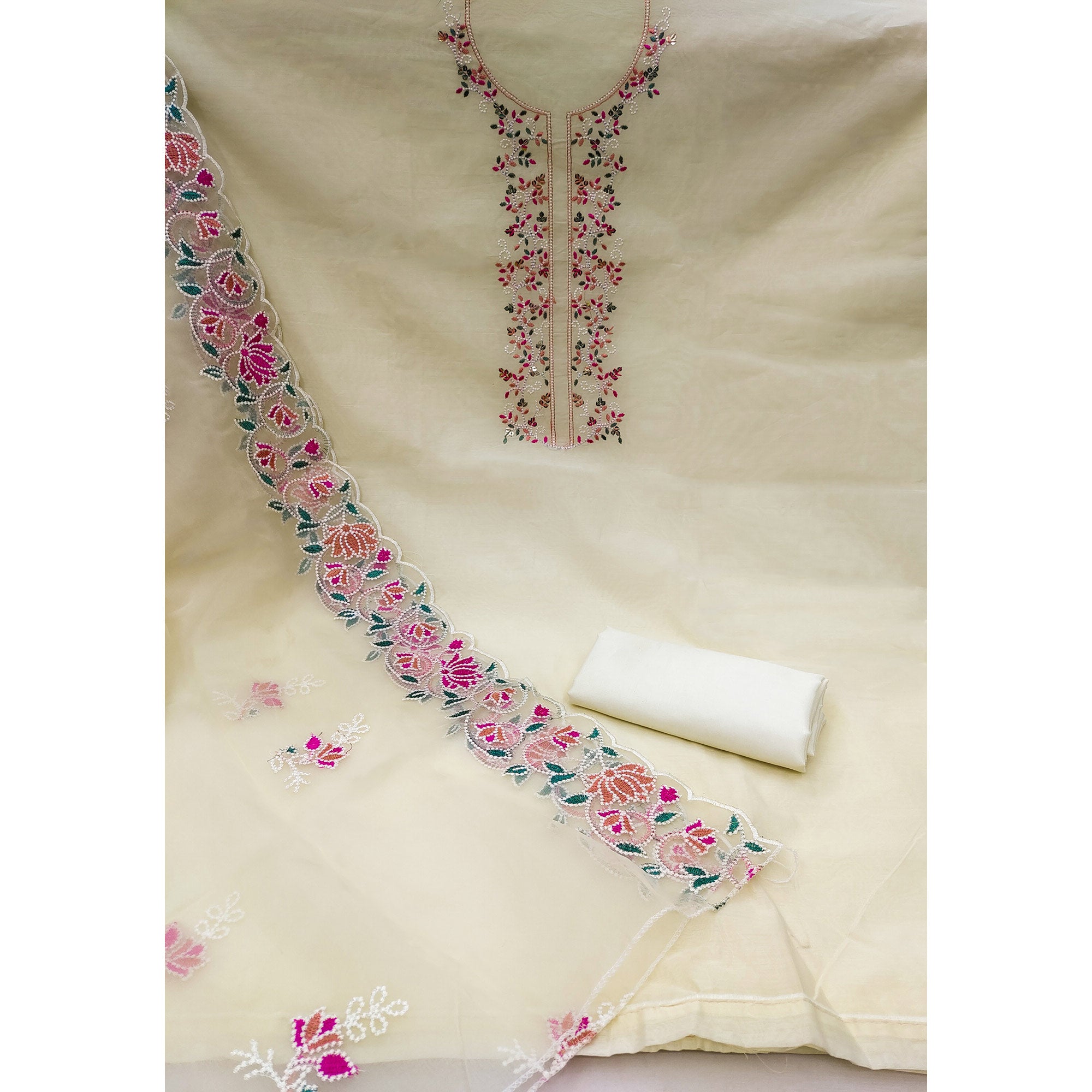 Cream Floral Embroidered Chanderi Dress Material