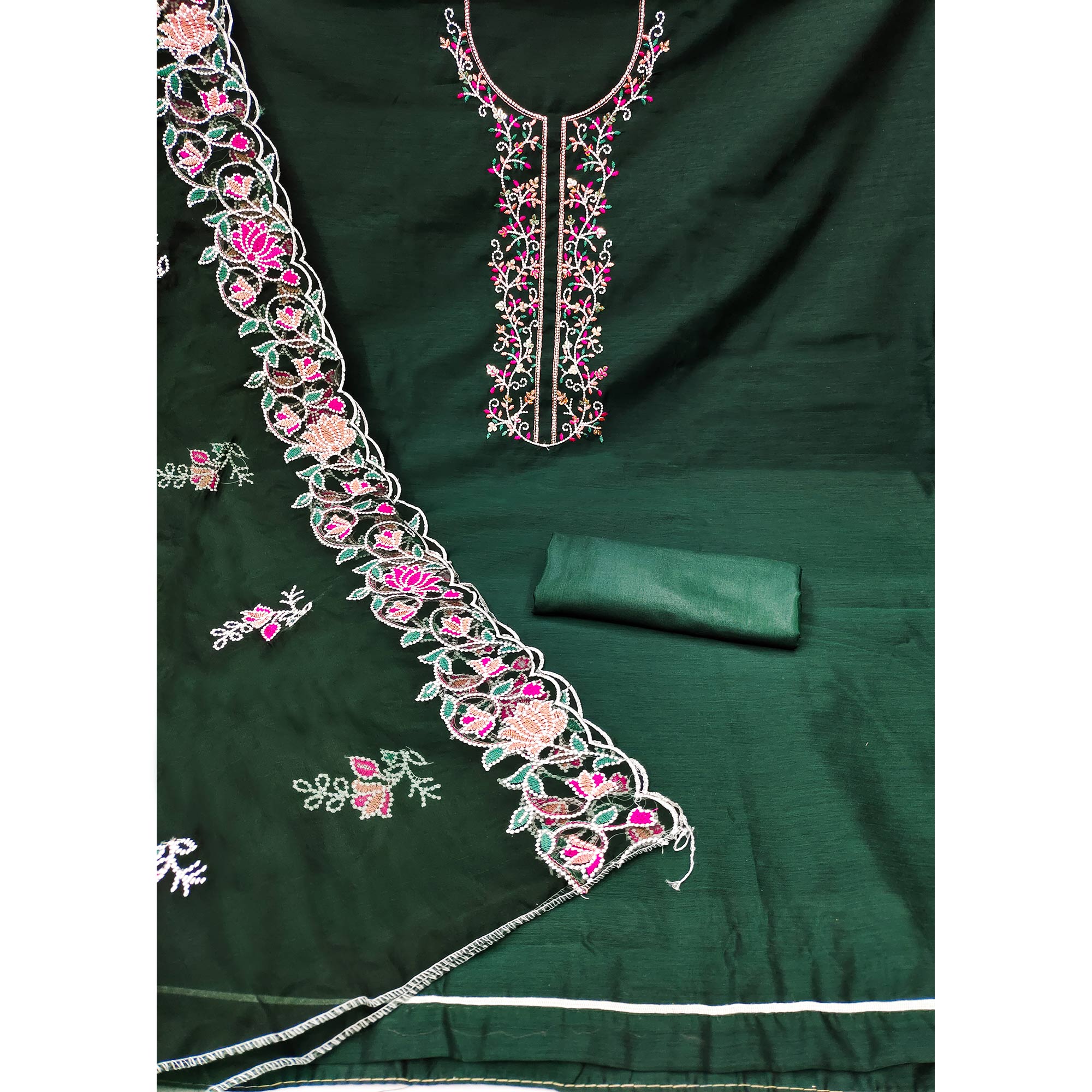 Green Floral Embroidered Chanderi Dress Material