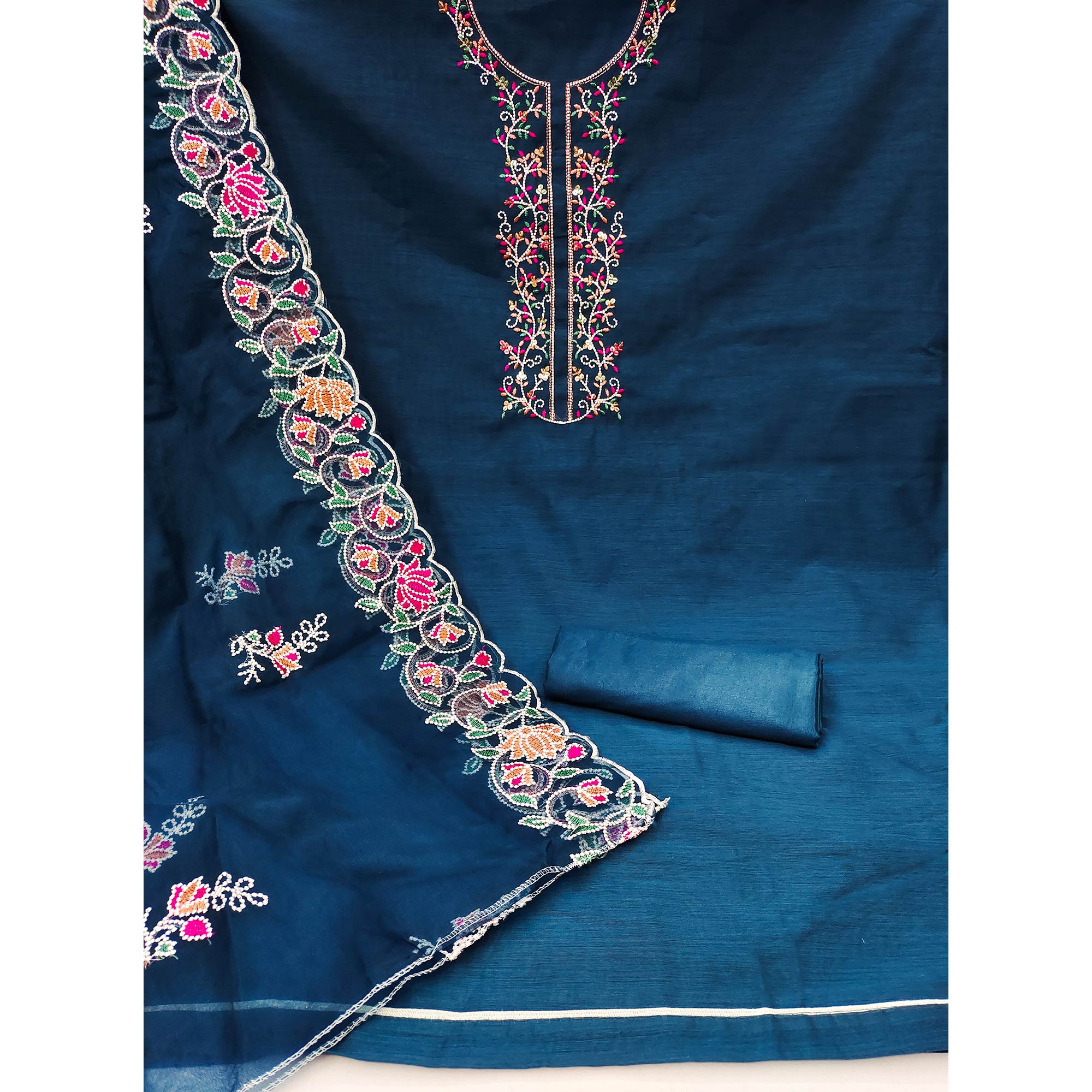 Morpich Blue Floral Embroidered Chanderi Dress Material