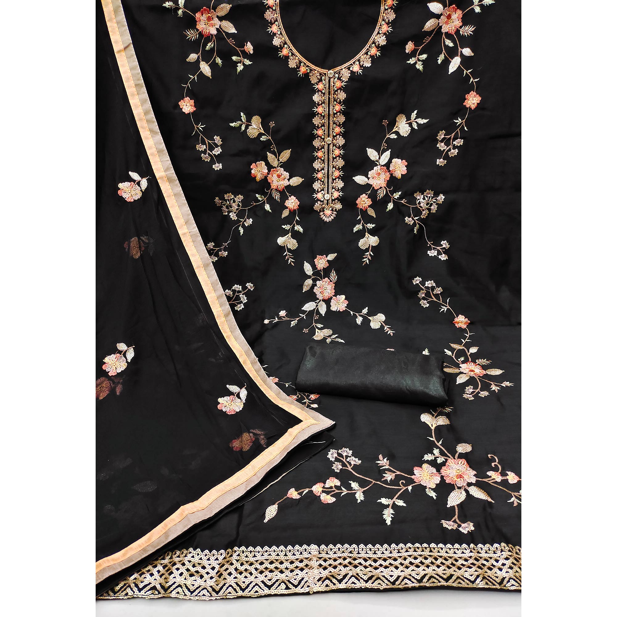 Black Floral Embroidered Chanderi Dress Material