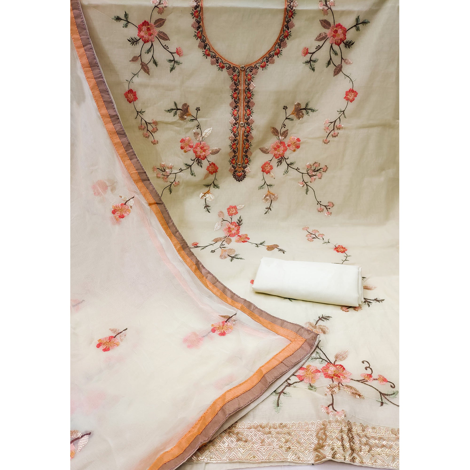 Cream Floral Embroidered Chanderi Dress Material