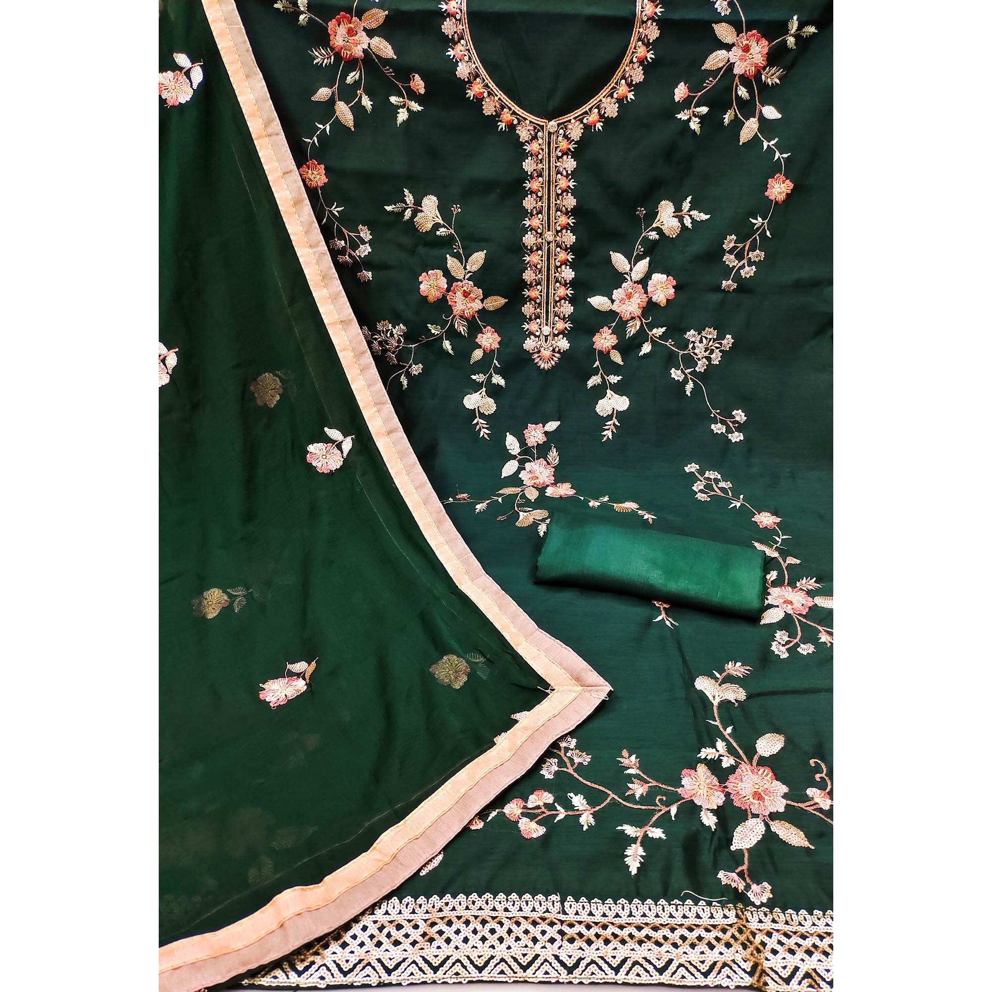 Green Floral Embroidered Chanderi Dress Material