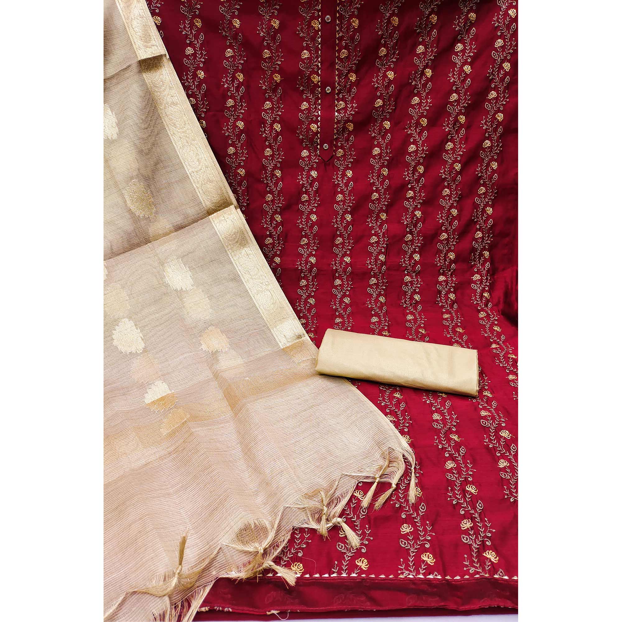 Red Floral Embroidered Chanderi Dress Material