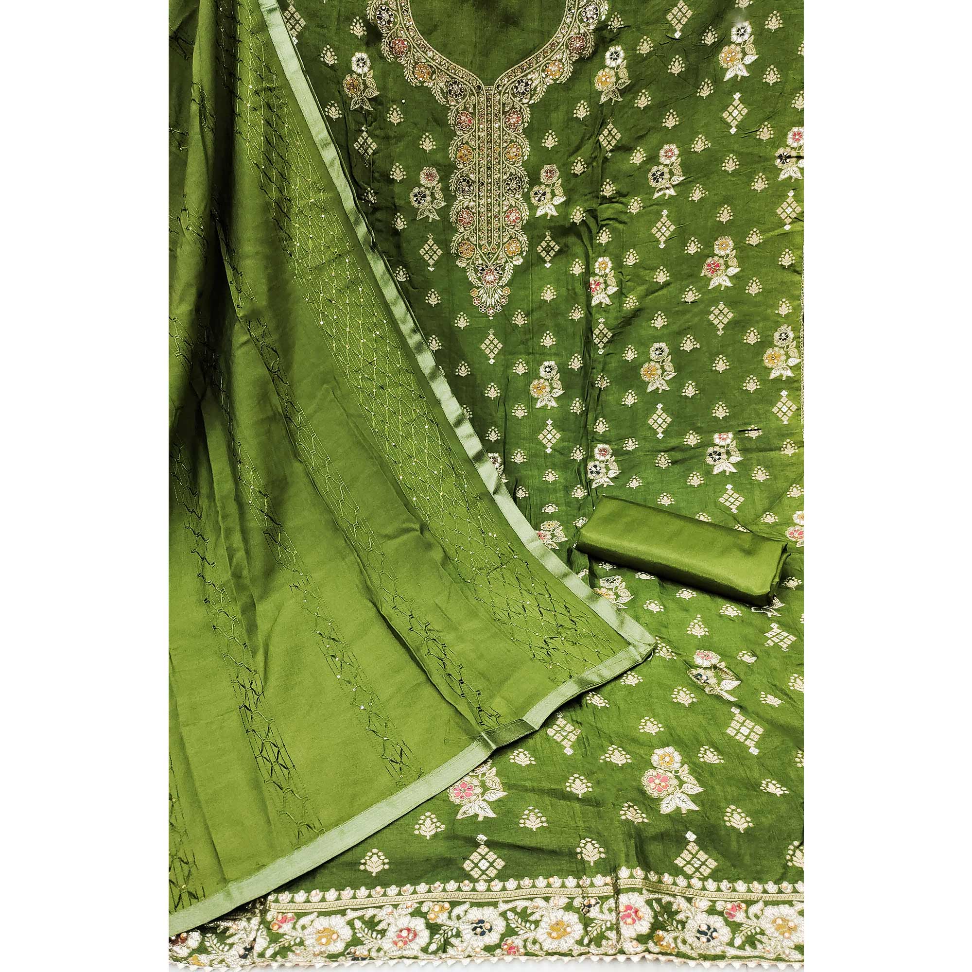 Green Woven Jacquard Dress Material