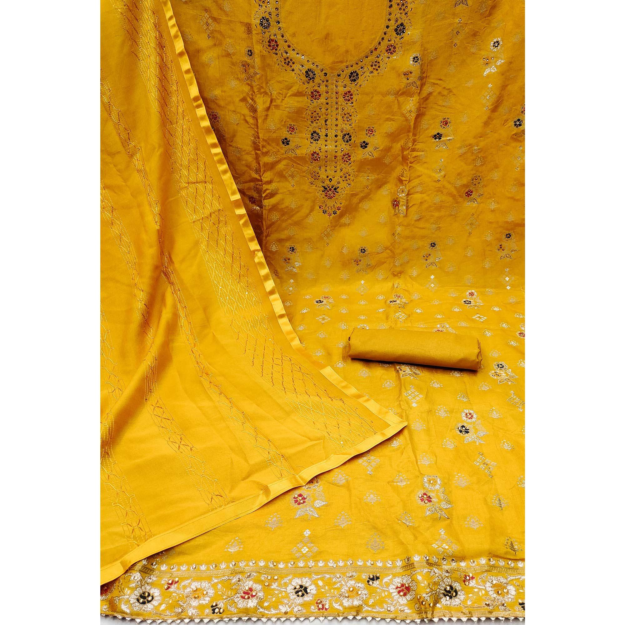 Mustard Woven Jacquard Dress Material