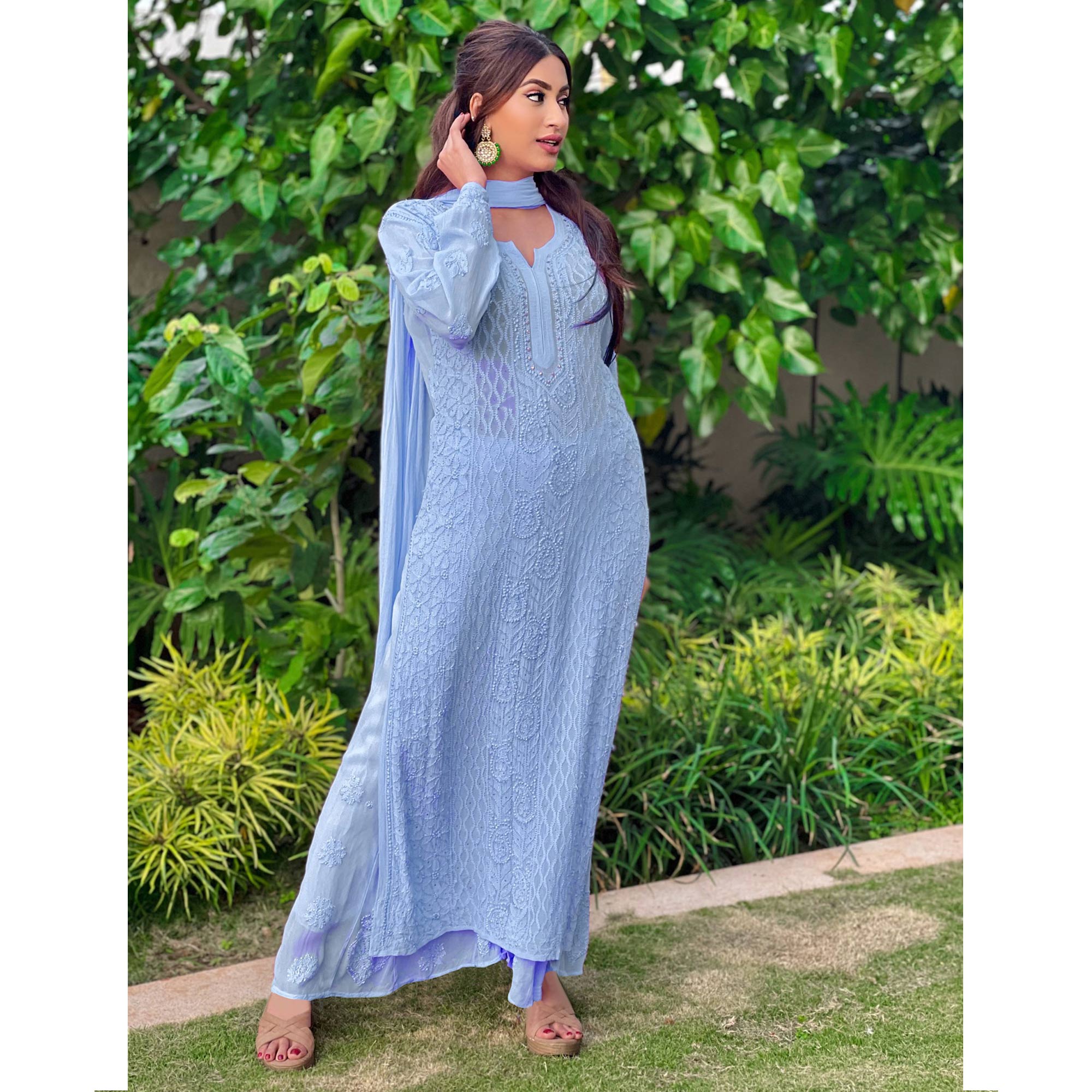 Violet Lucknowi Embroidered Georgette Kurti Palazzo Set