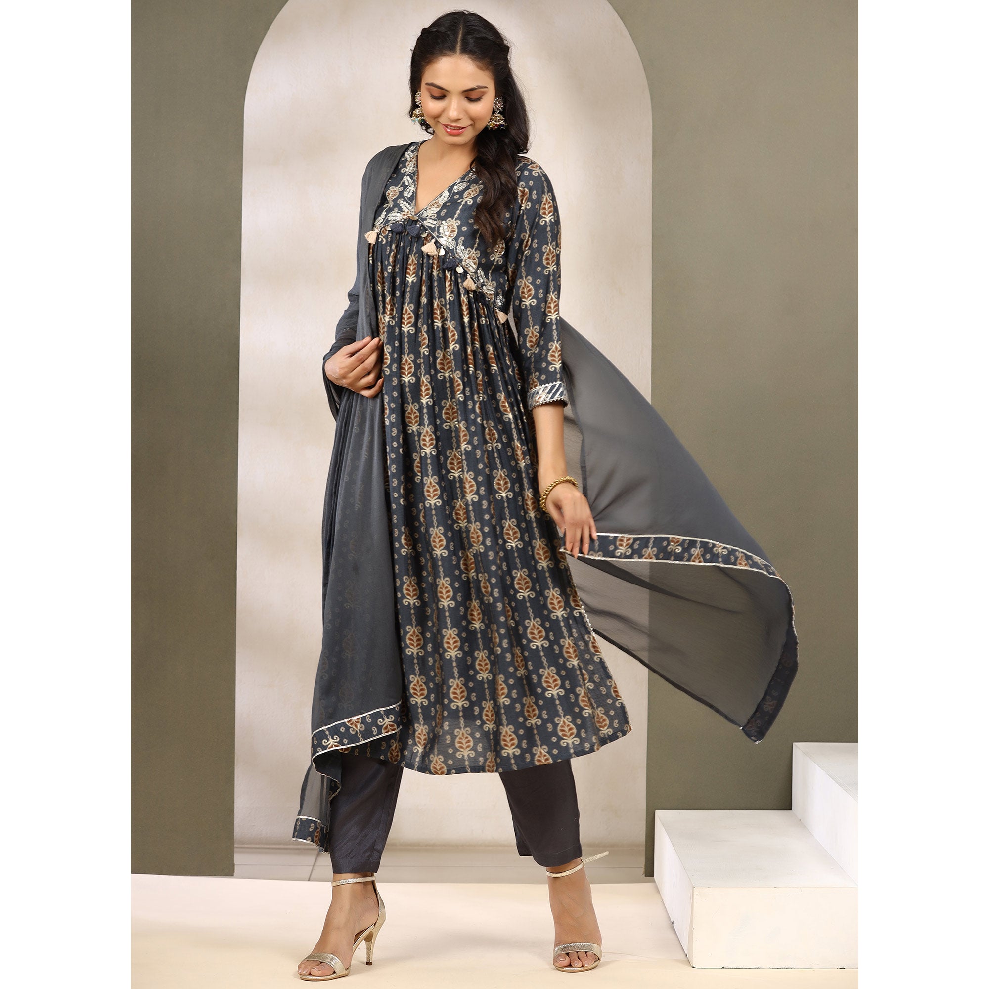 Grey Jaipuri Printed Muslin Naira Cut Suit