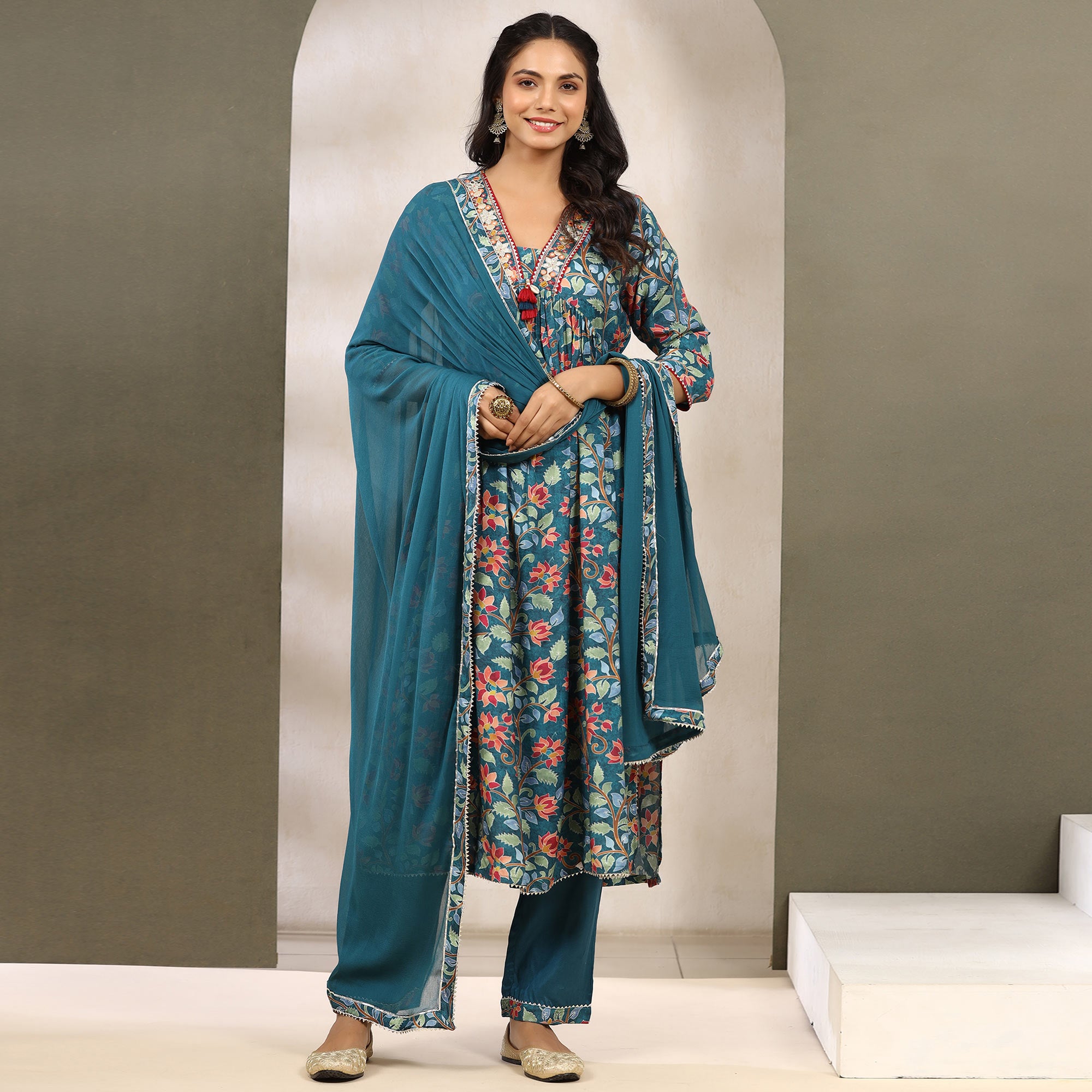 Teal Blue Jaipuri Printed Muslin Naira Cut Suit