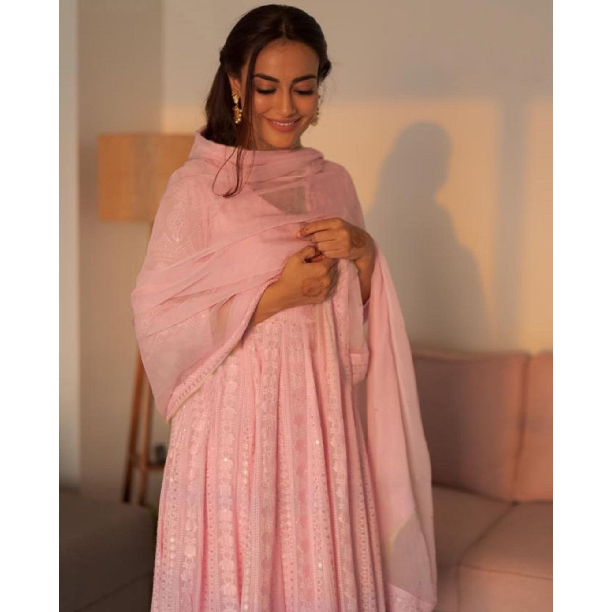 Pink Lucknowi Chikankari Work Georgette Gown