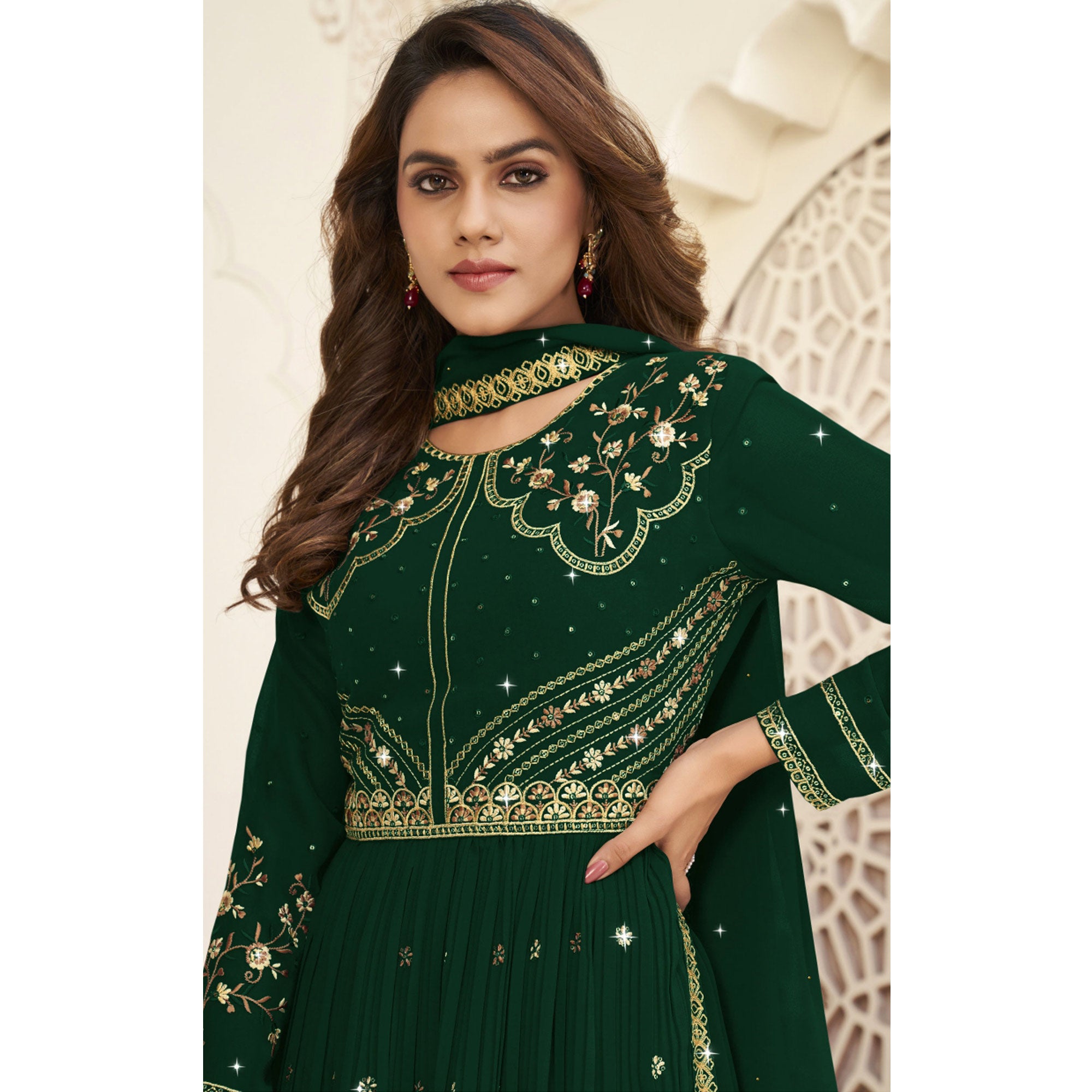 Green Embroidered Georgette Naira Cut Suit