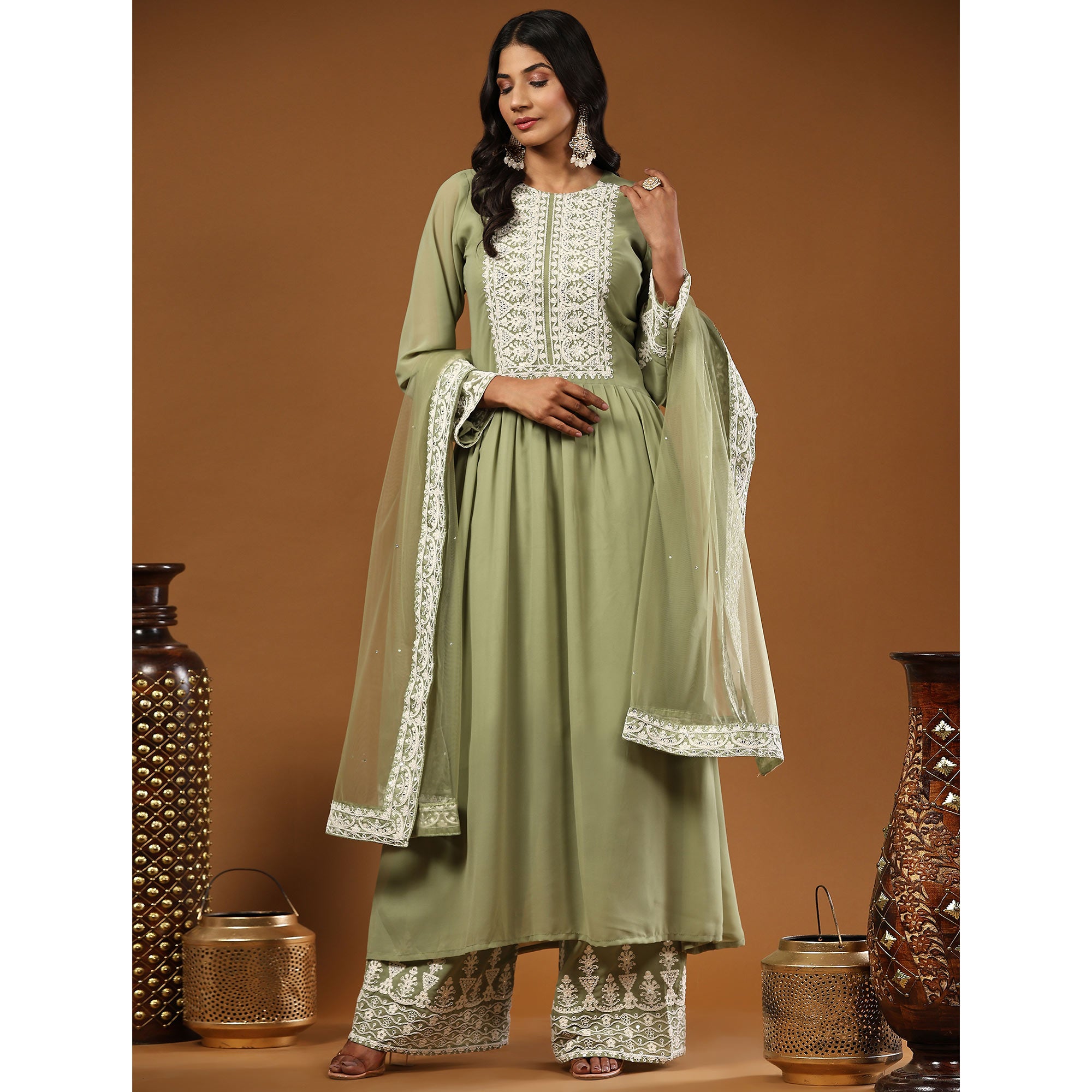 Green Partywear Embroidered Faux Georgette Palazzo Suit