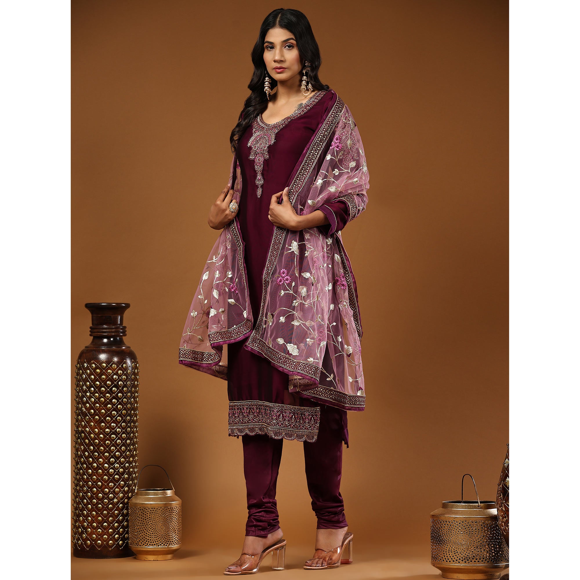 Purple Embroidered Georgette Partywear Suit
