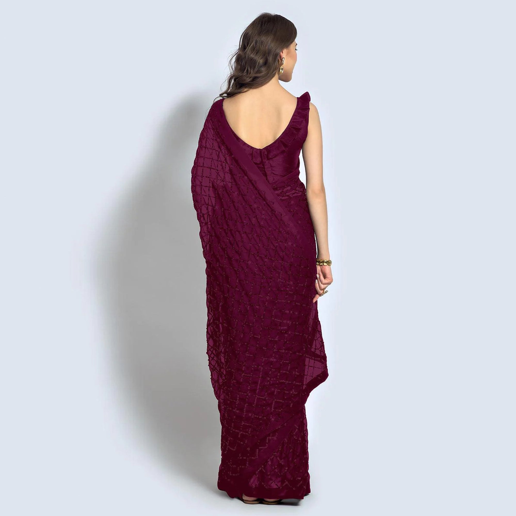 Wine Sequins Work Georgette Saree