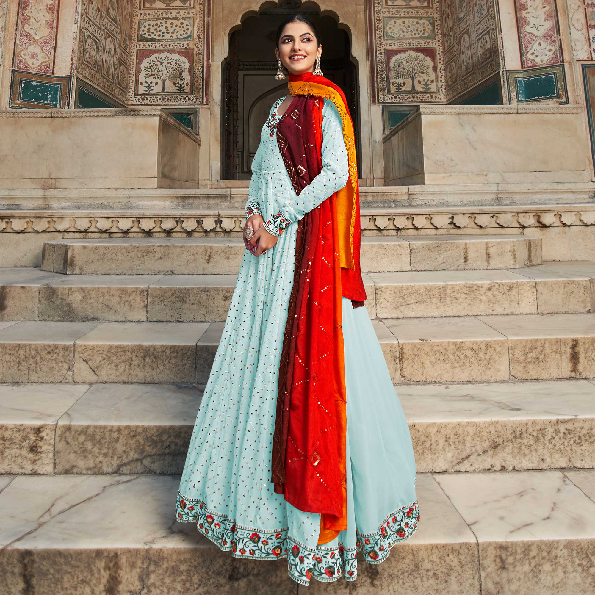 Sky Blue Sequins Embroidered Georgette Gown With Dupatta