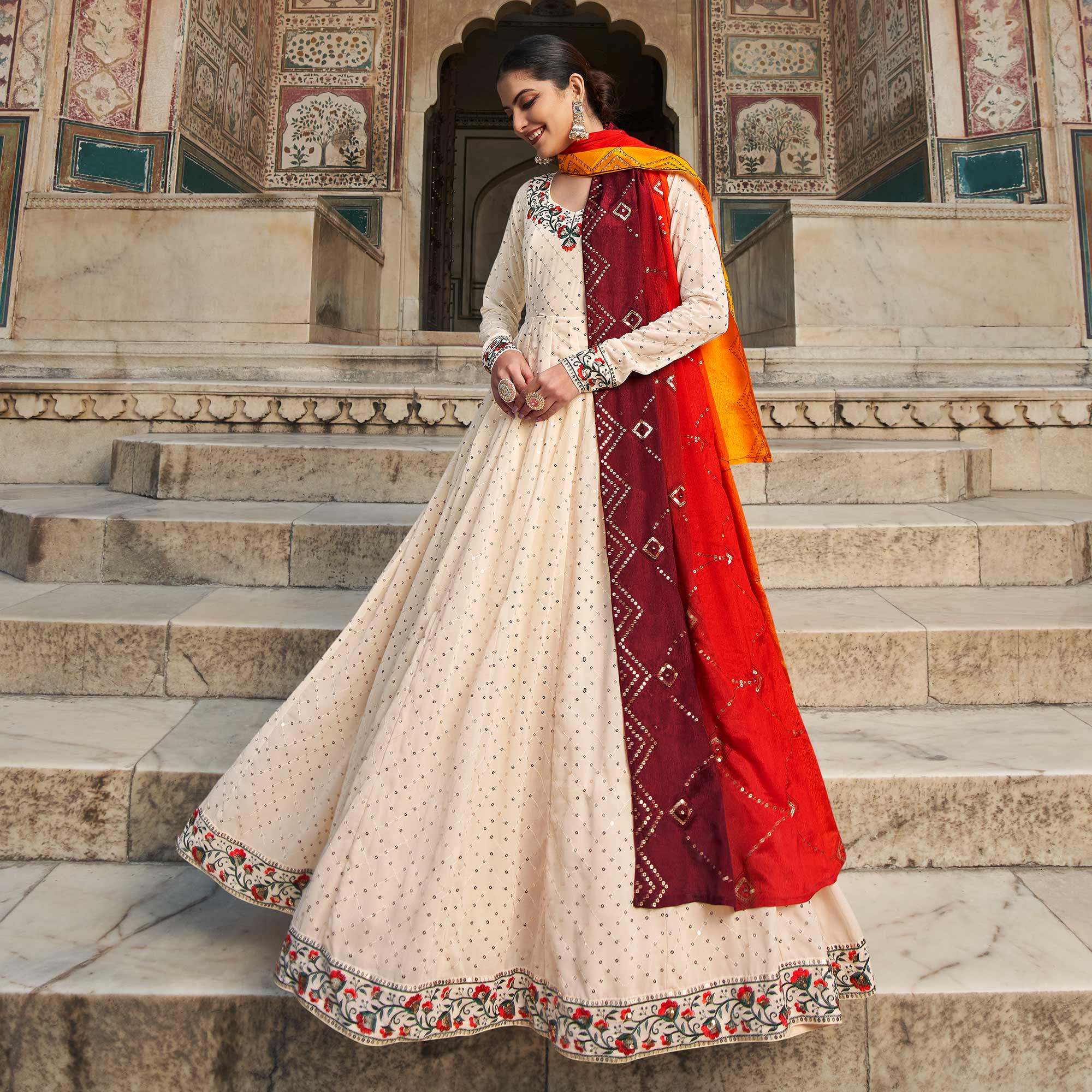 Cream Sequins Embroidered Georgette Gown With Dupatta