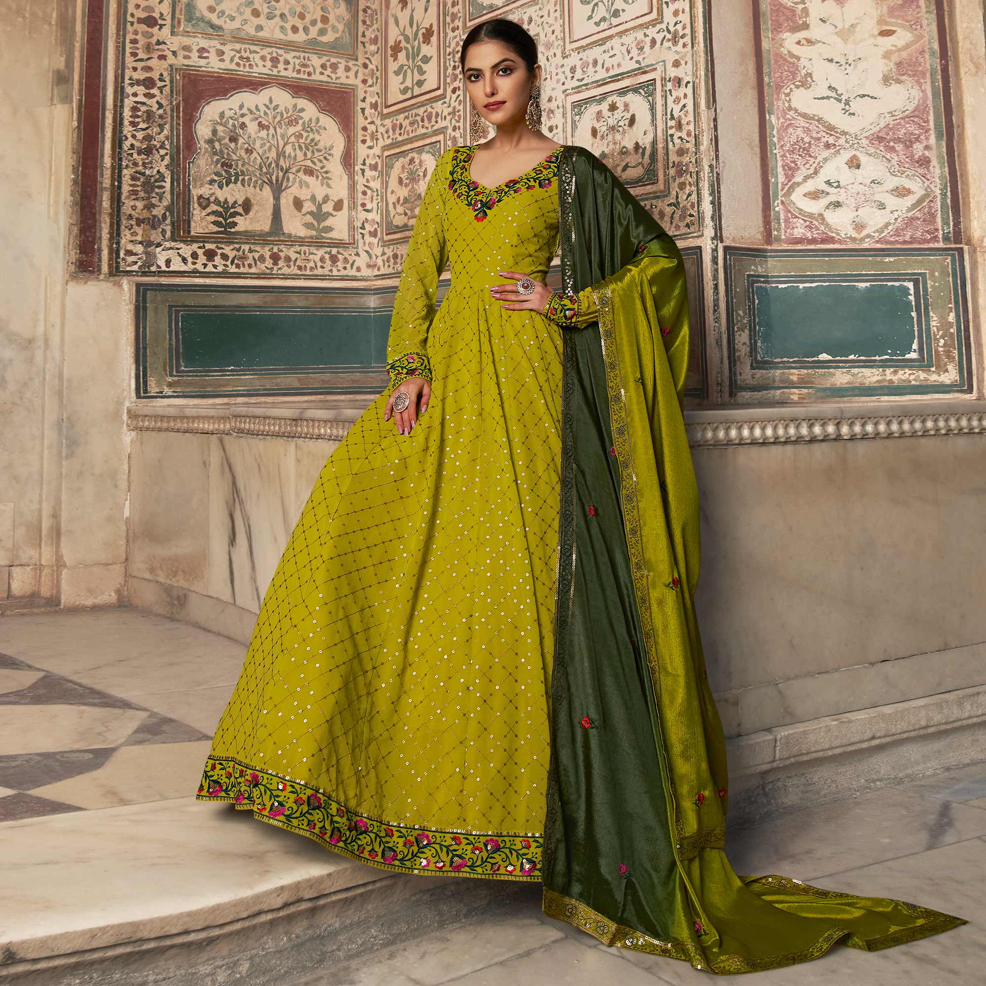 Lime Green Sequins Embroidered Georgette Gown With Dupatta