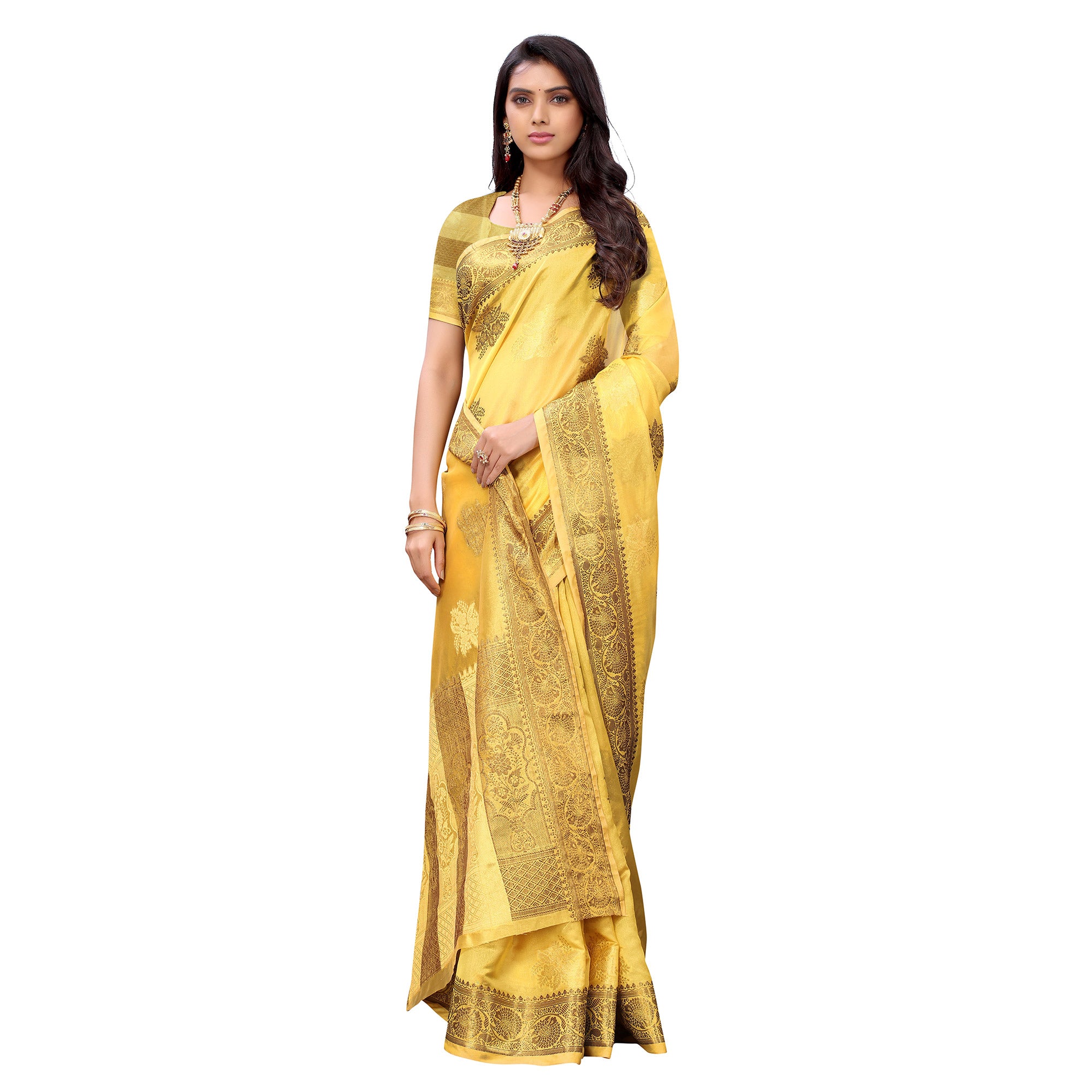 Yellow Festive Wear Floral Woven Silk Saree