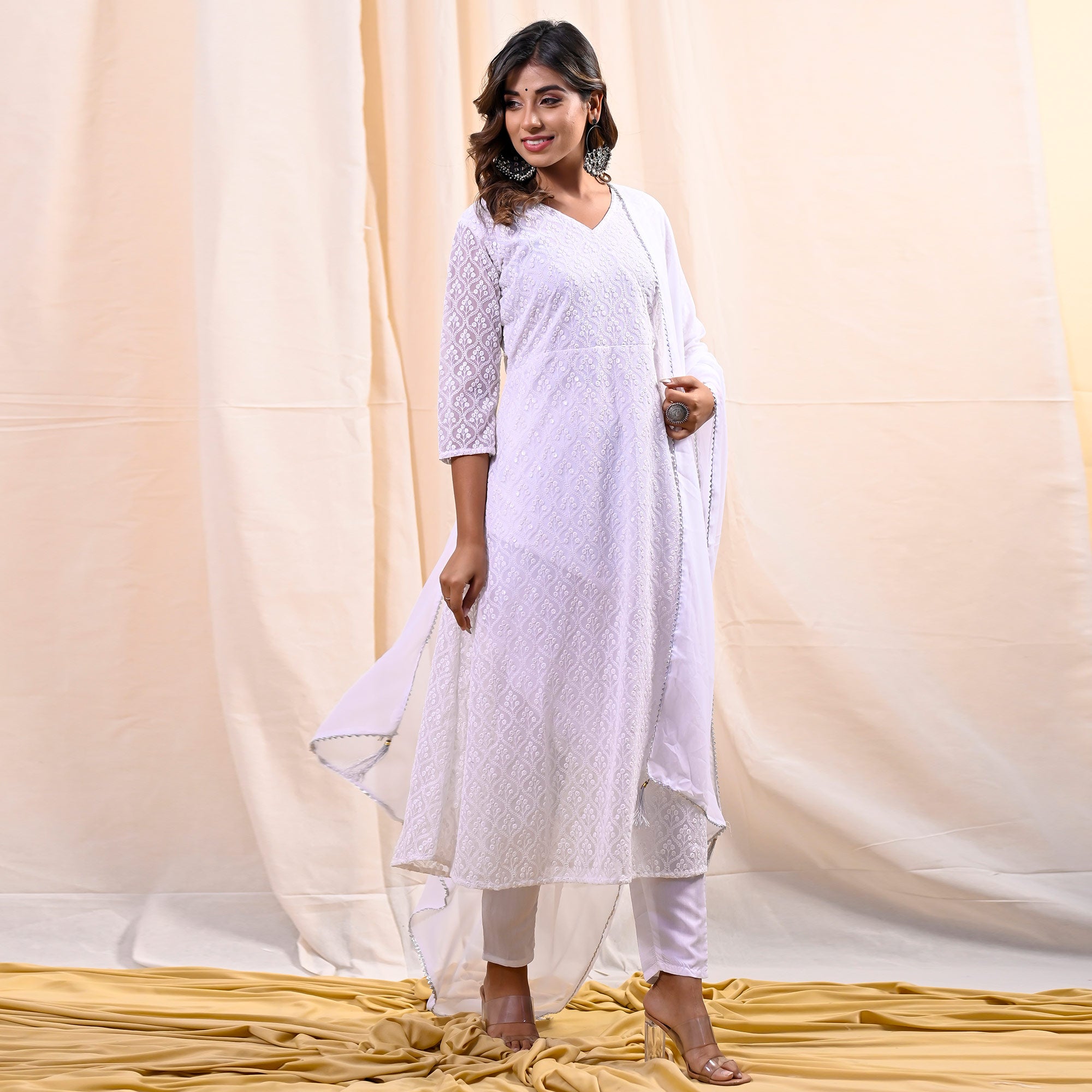 White Chikankari Work Georgette Anarkali Suit