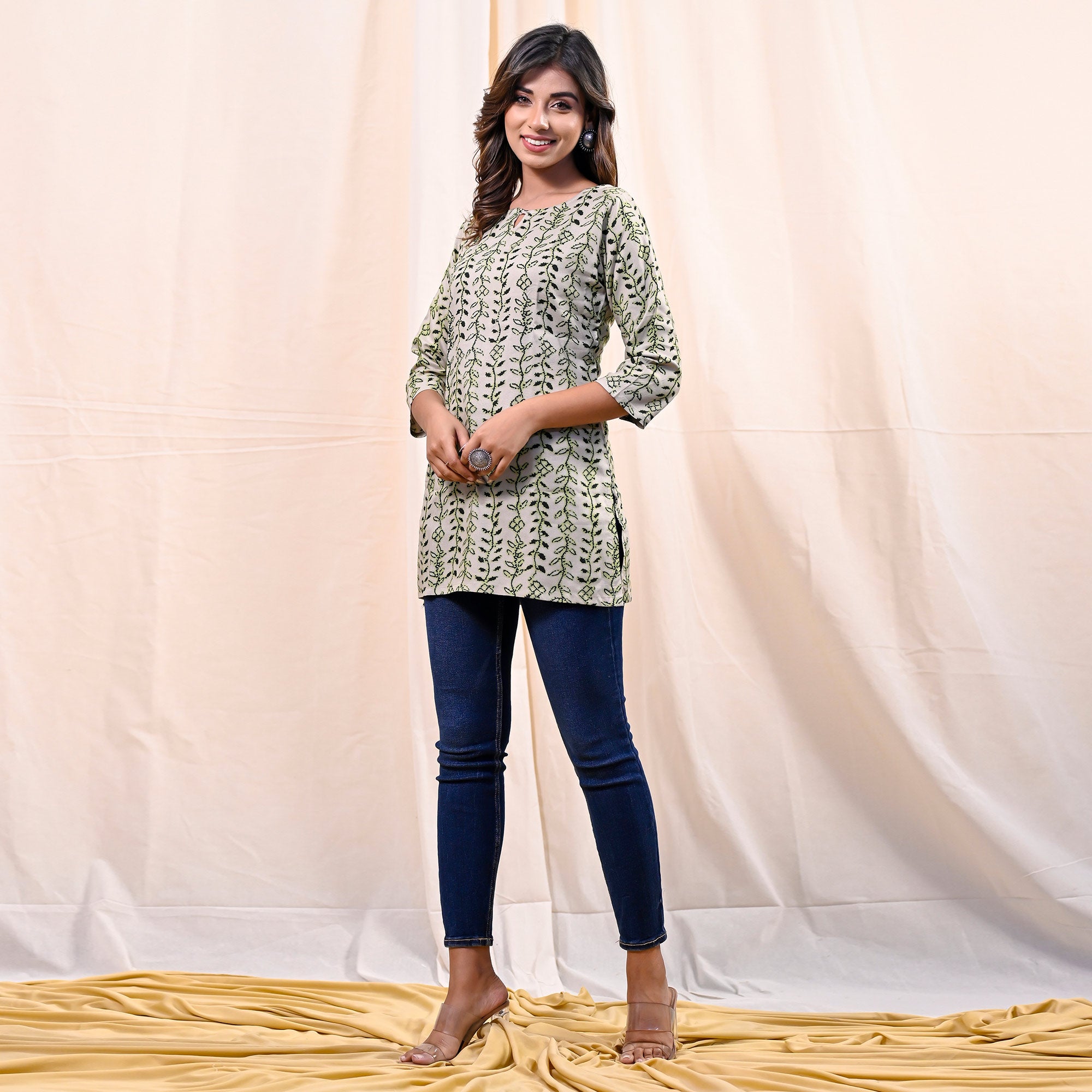 Green Floral Printed Rayon Top