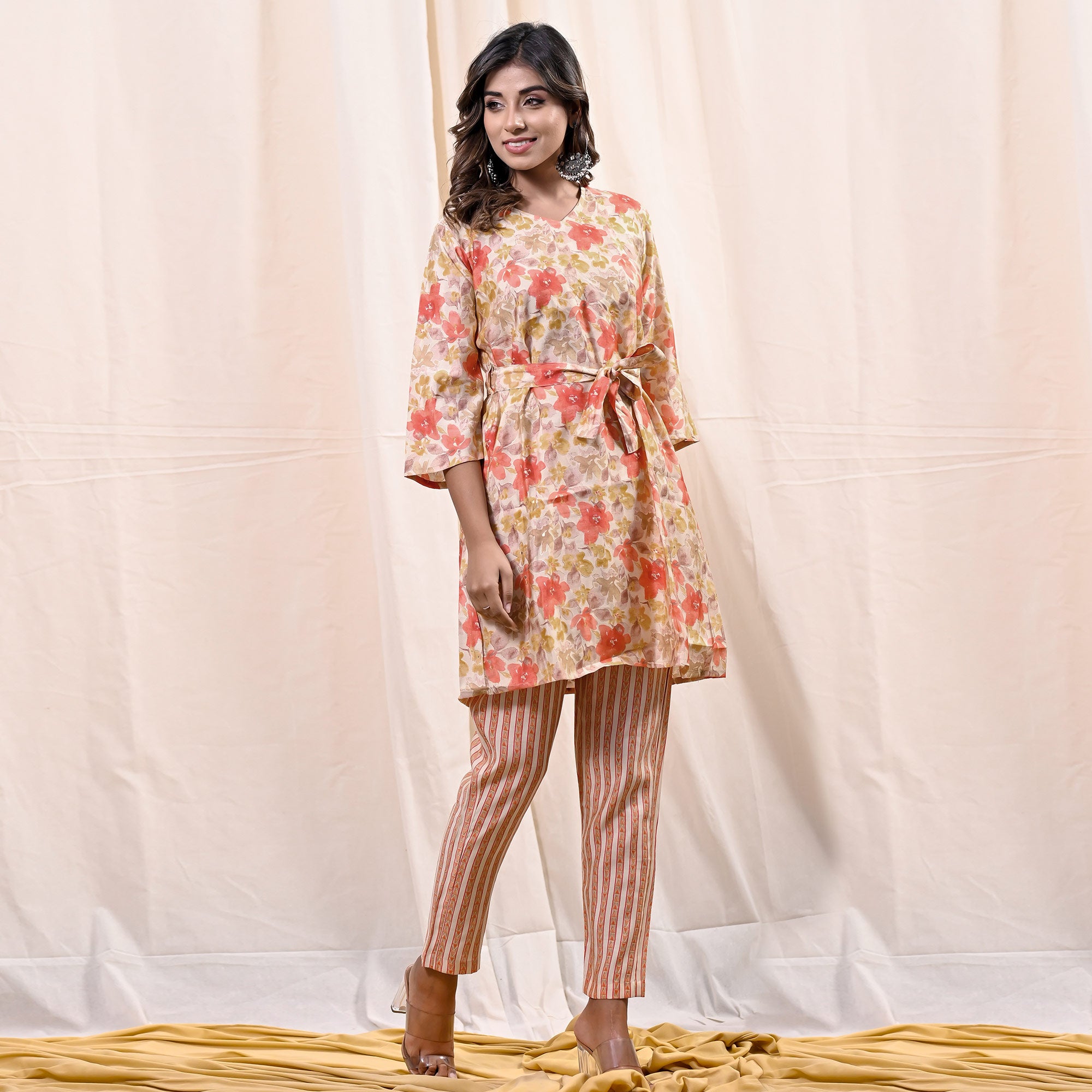 Peach Floral Foil Printed Chanderi Top Bottom Set With Belt