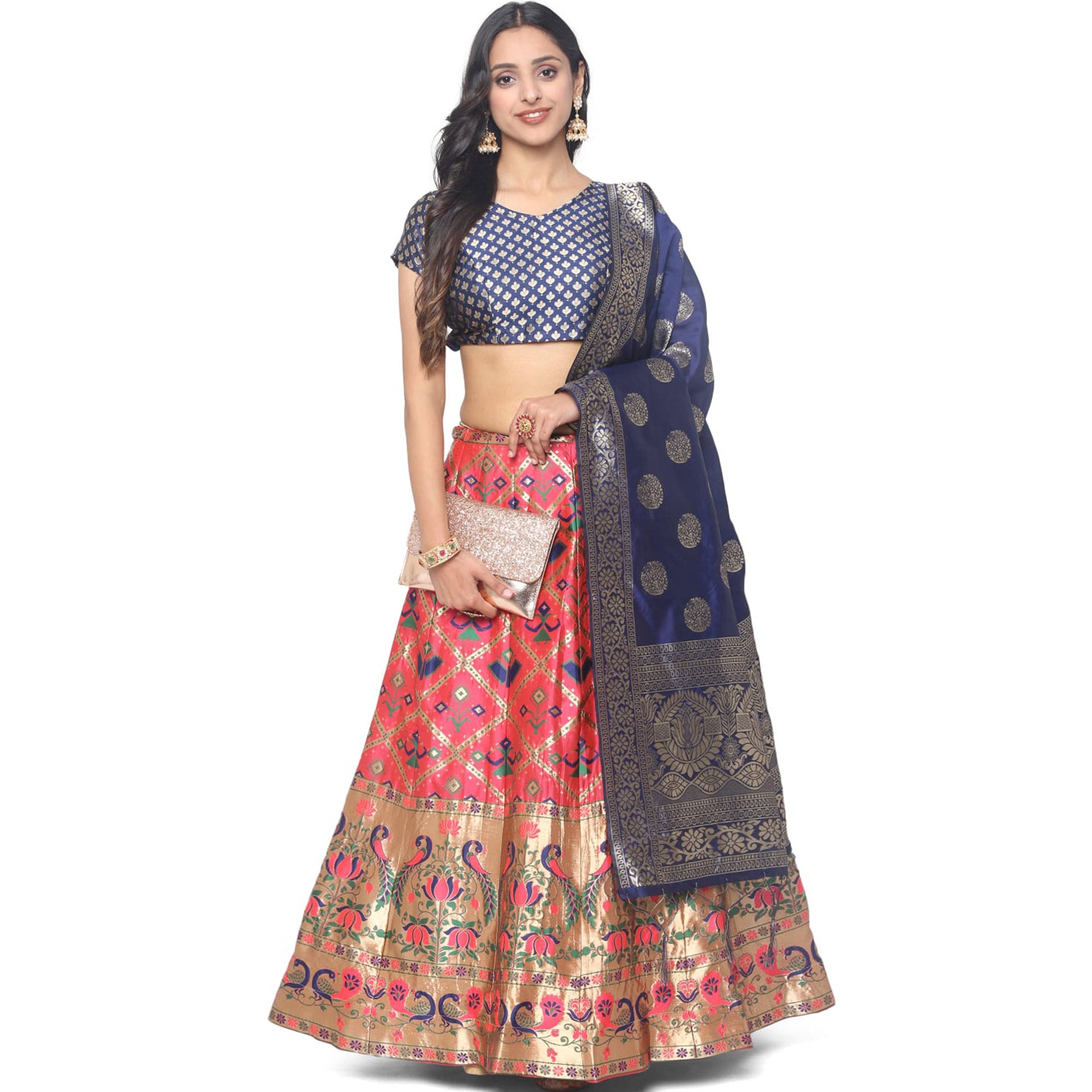 Pink Woven Jacquard Lehenga Choli