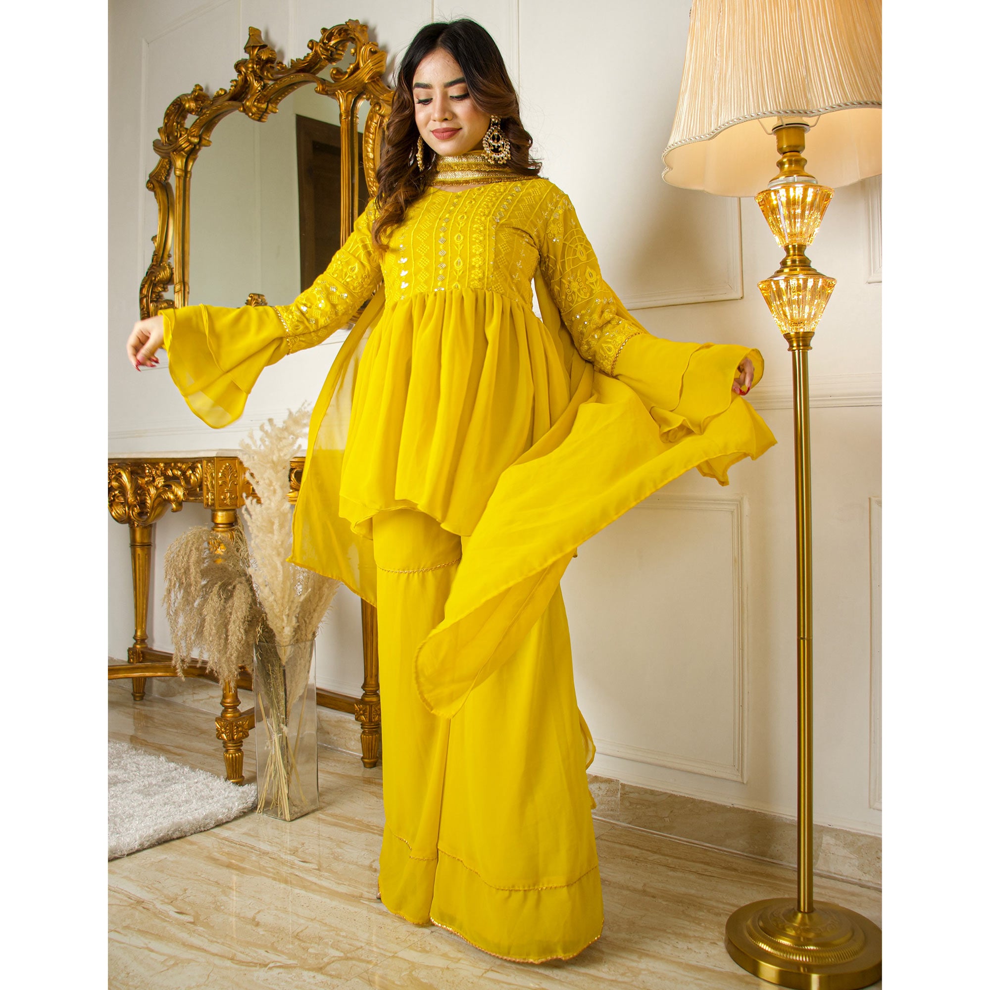 Lemon Yellow Sequins Embroidered Georgette Sharara Suit