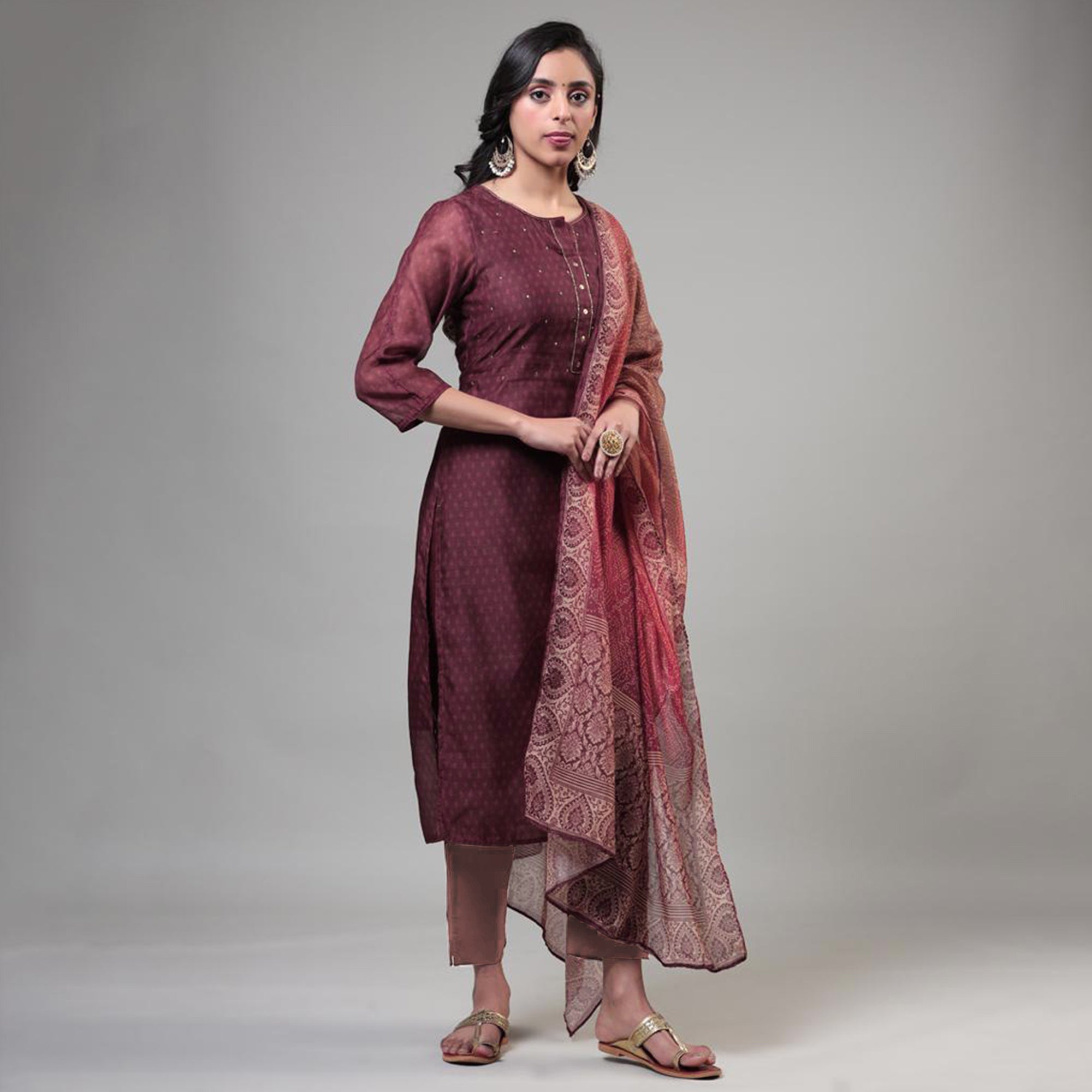 Dark Mauve Printed Chanderi Salwar Suit