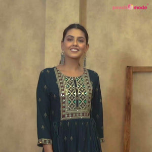 Navy Blue Printed With Embroidered Rayon Gown