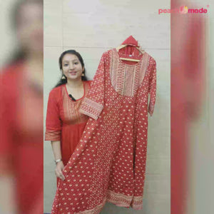 Red Printed Pure Cotton Gown
