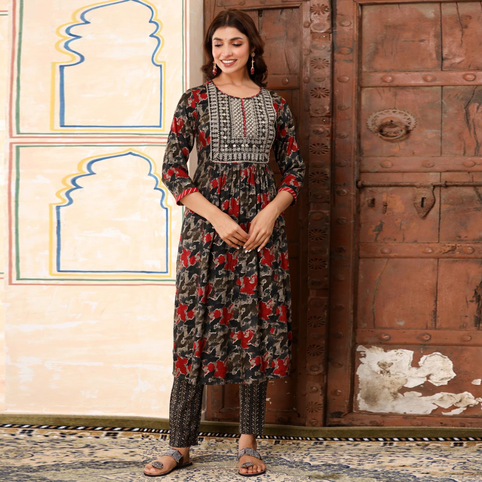 Black Printed & Embroidered Rayon Naira Cut Suit