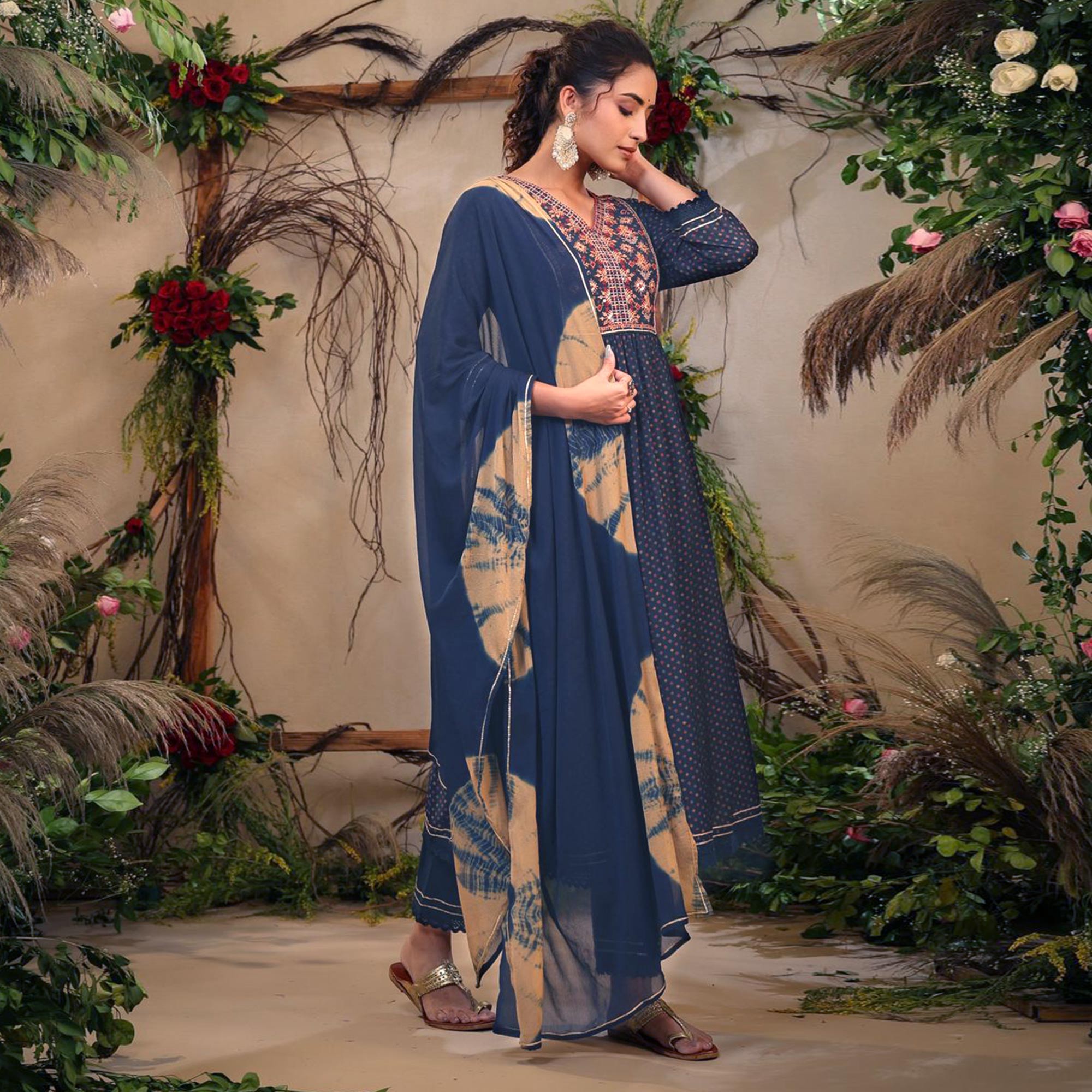 Blue Floral Printed With Embroidered Muslin Naira Cut Suit
