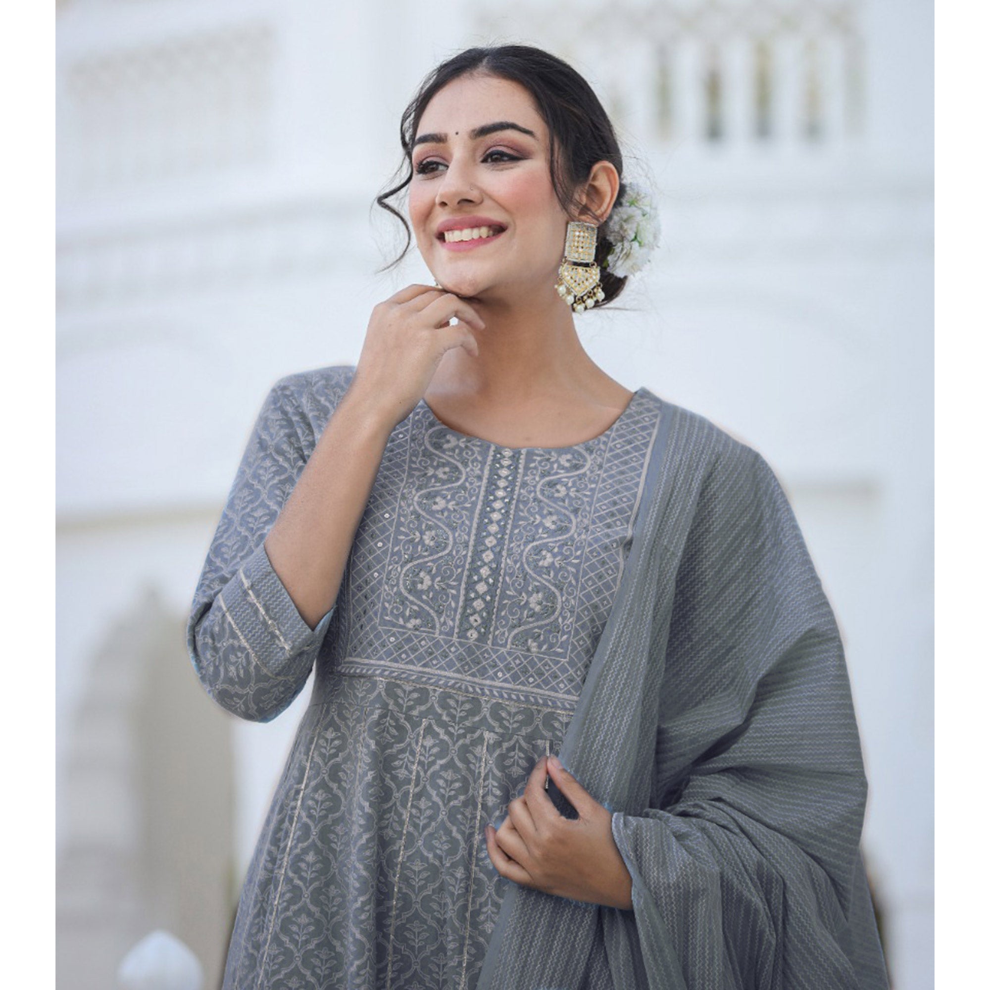 Grey Jaipuri Print With Gota Work Pure Cotton Anarkali Suit