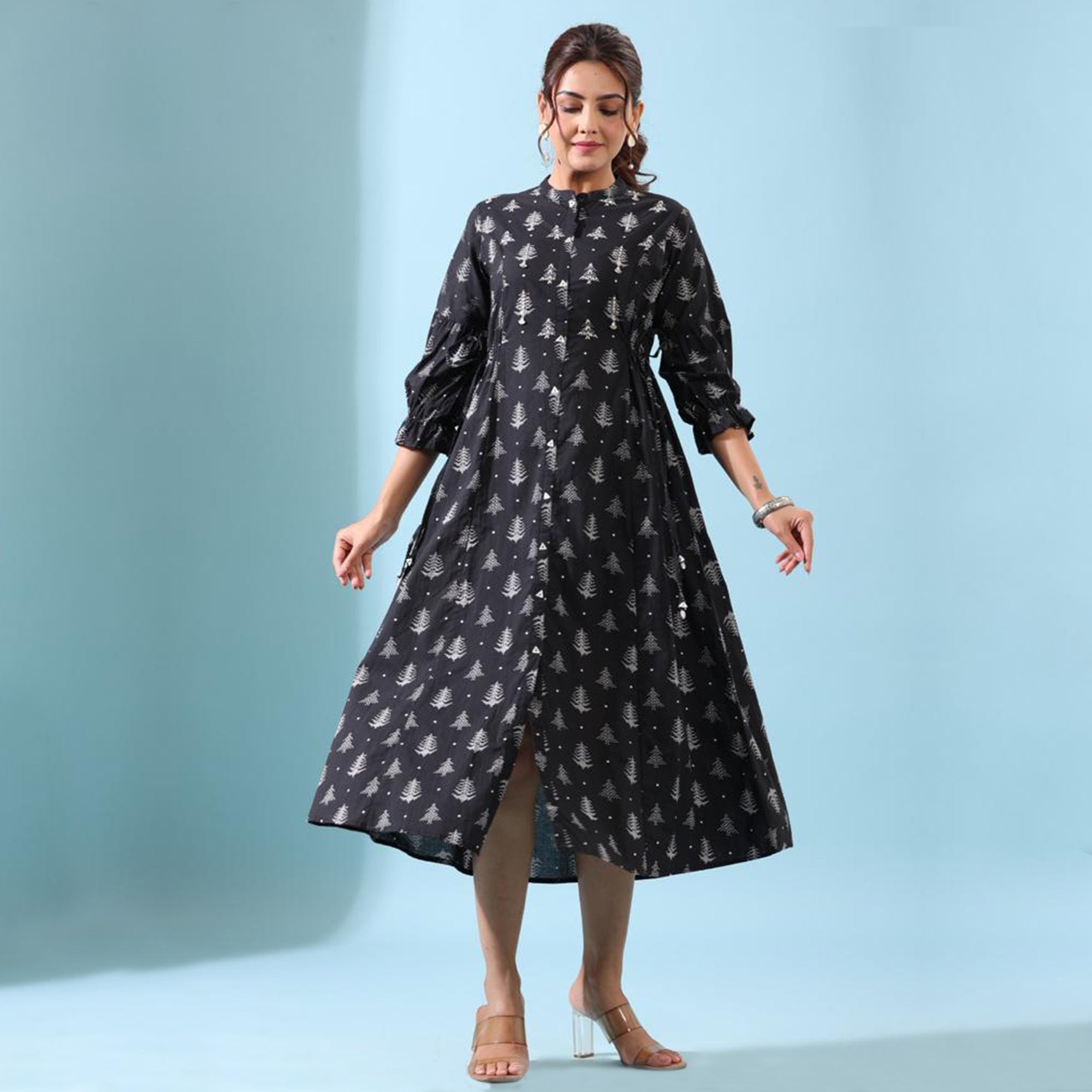 Black Floral Printed Pure Cotton Anarkali Style Gown