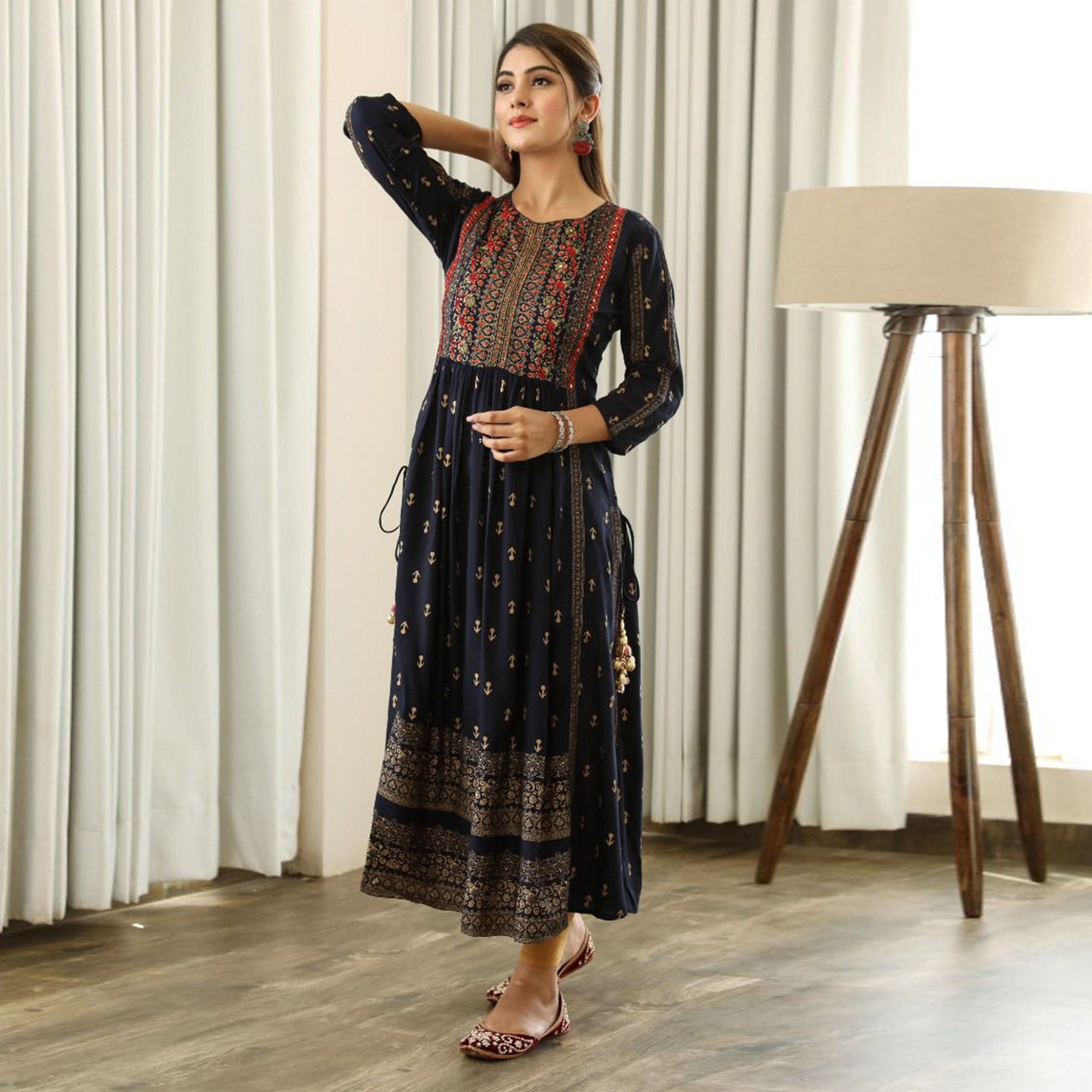 Black Printed With Embroidered Rayon Nair Cut Kurti