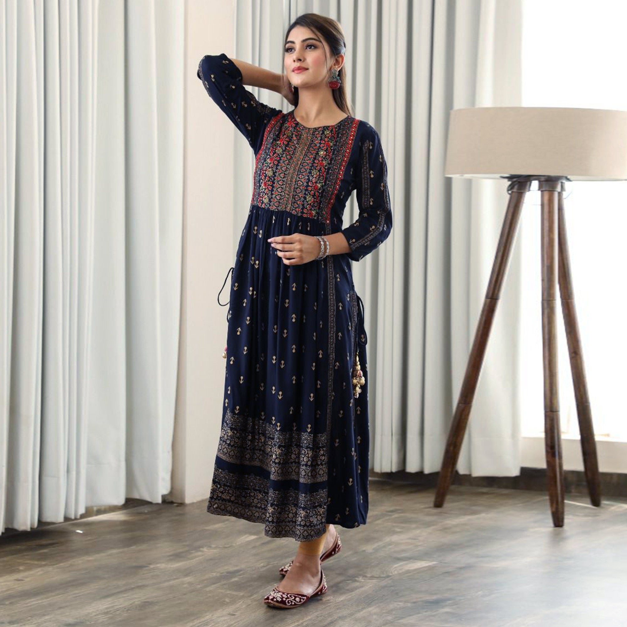 Blue Printed With Embroidered Rayon Naira Cut Kurti
