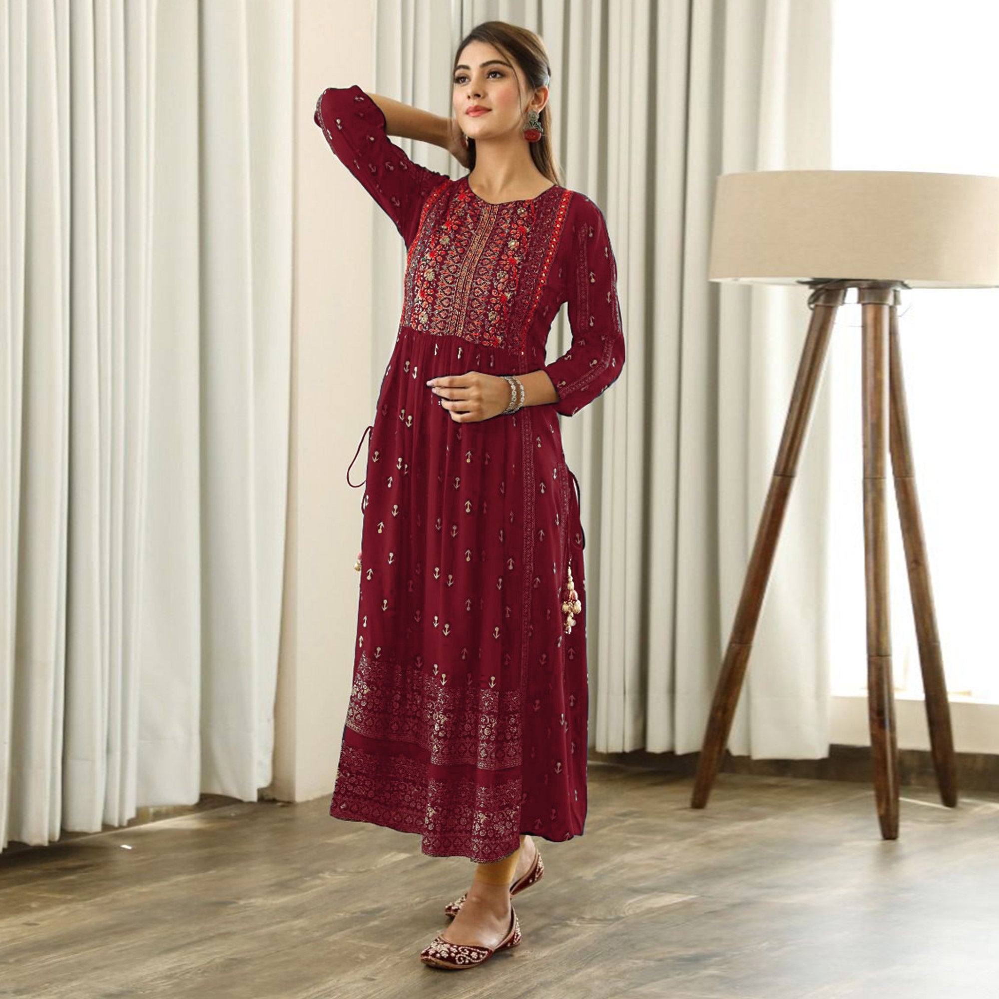 Maroon Printed With Embroidered Rayon Naira Cut Kurti