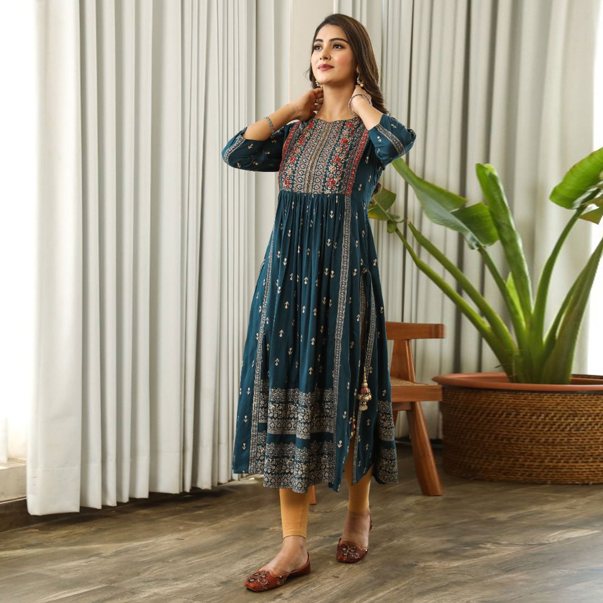 Rama Green Printed With Embroidered Rayon Naira Cut Kurti